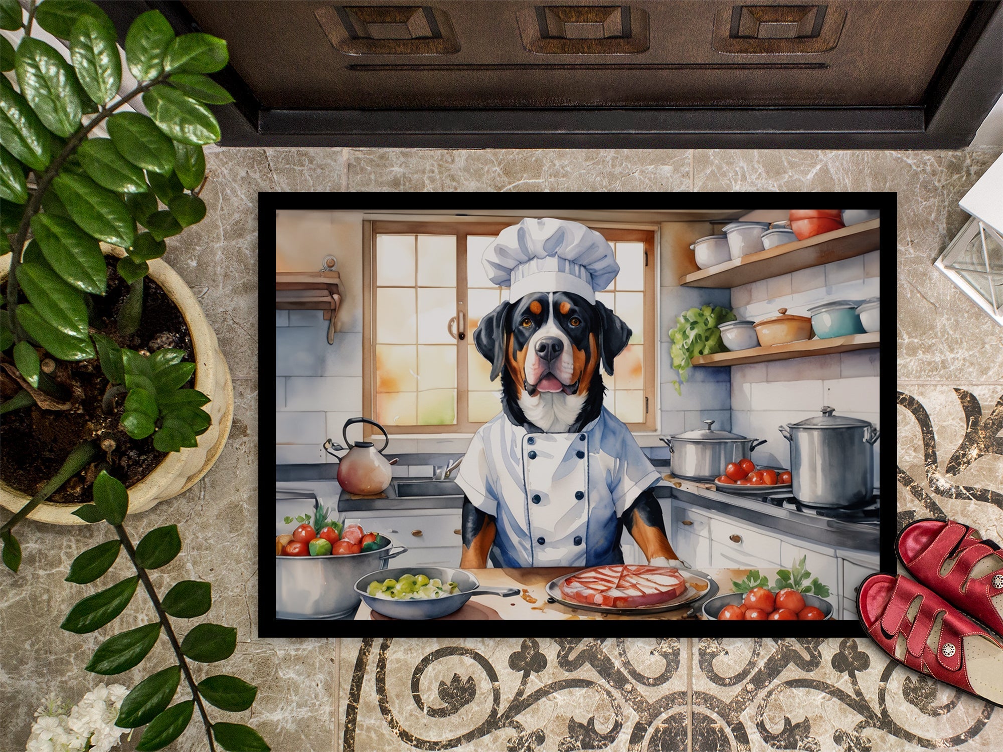Greater Swiss Mountain Dog The Chef Doormat Indoor Outdoor 18H X 27W Front Door Mat Rugs for Entryway, Non Slip Washable