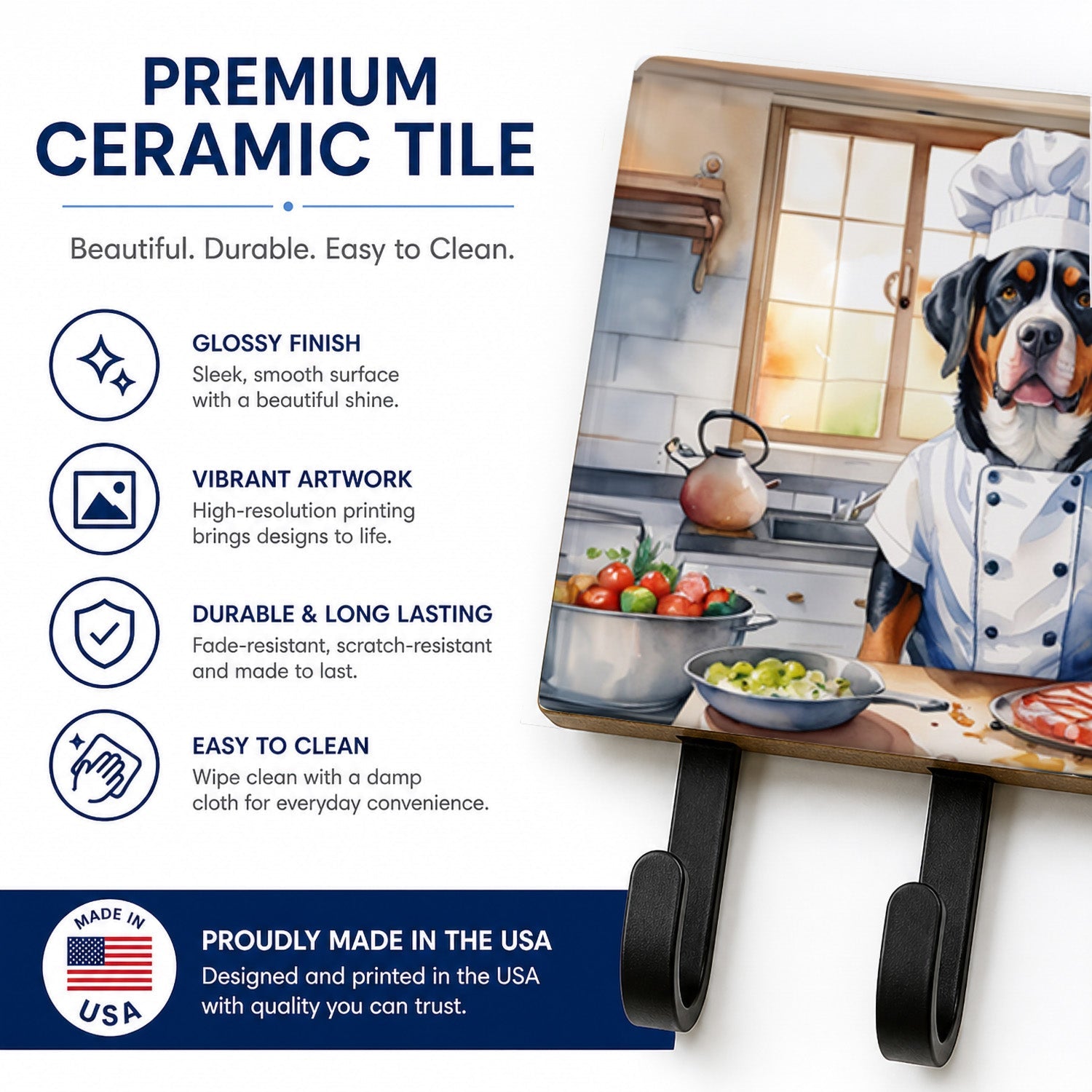 Greater Swiss Mountain Dog The Chef Leash or Key Holder Wall Hooks, Coat Rack Wall Mount, for Hanging Keys, Towels, Aprons, Leashes