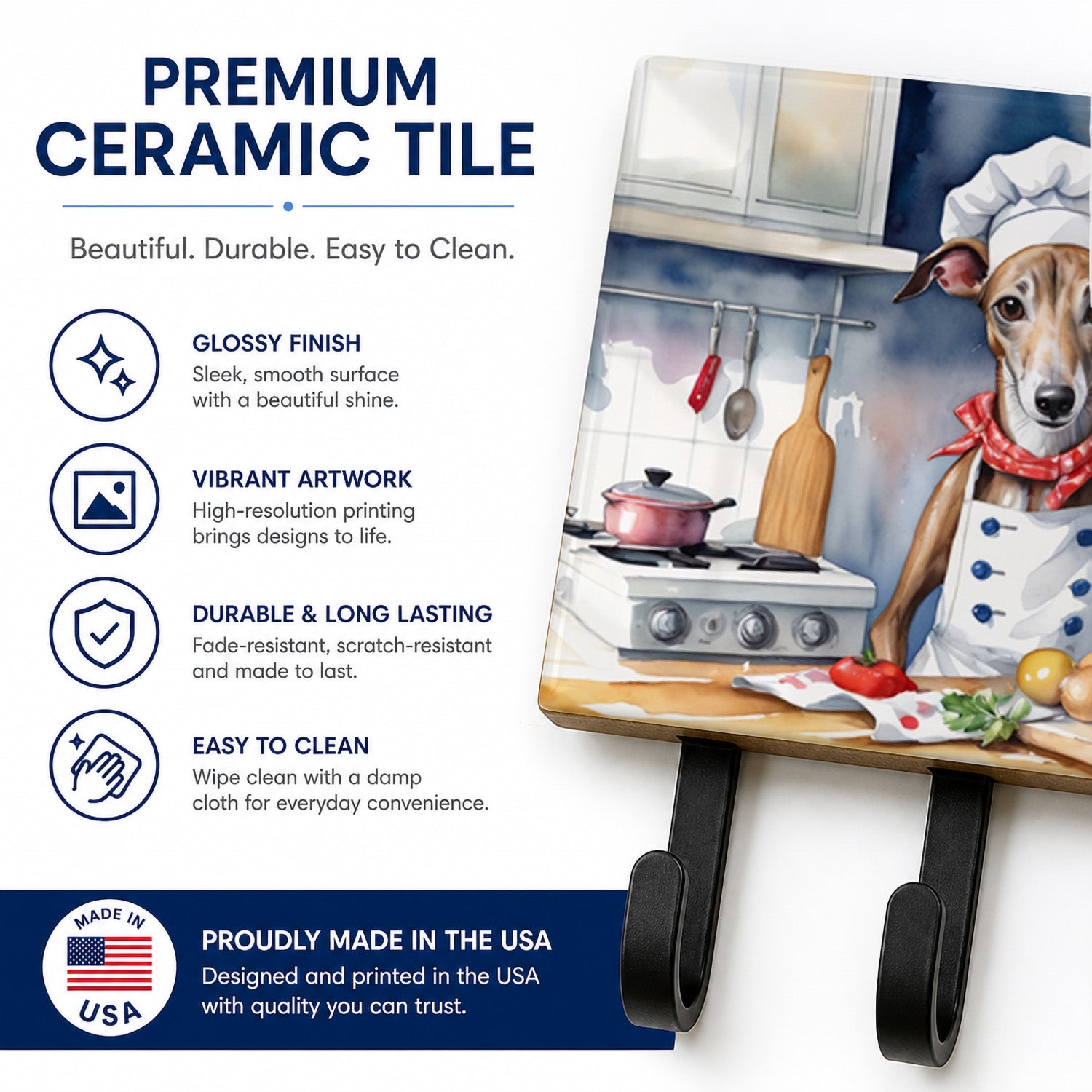 Greyhound The Chef Leash or Key Holder Wall Hooks, Coat Rack Wall Mount, for Hanging Keys, Towels, Aprons, Leashes
