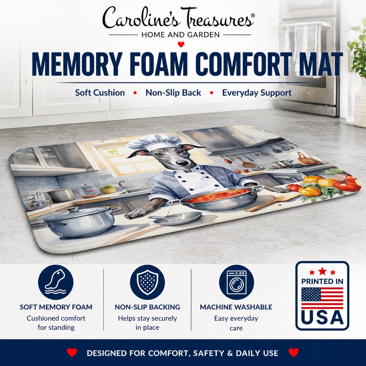 Greyhound The Chef Memory Foam Kitchen Mat Machine Washable Anti-Fatigue Cushion Comfort Bath or Kitchen Rug