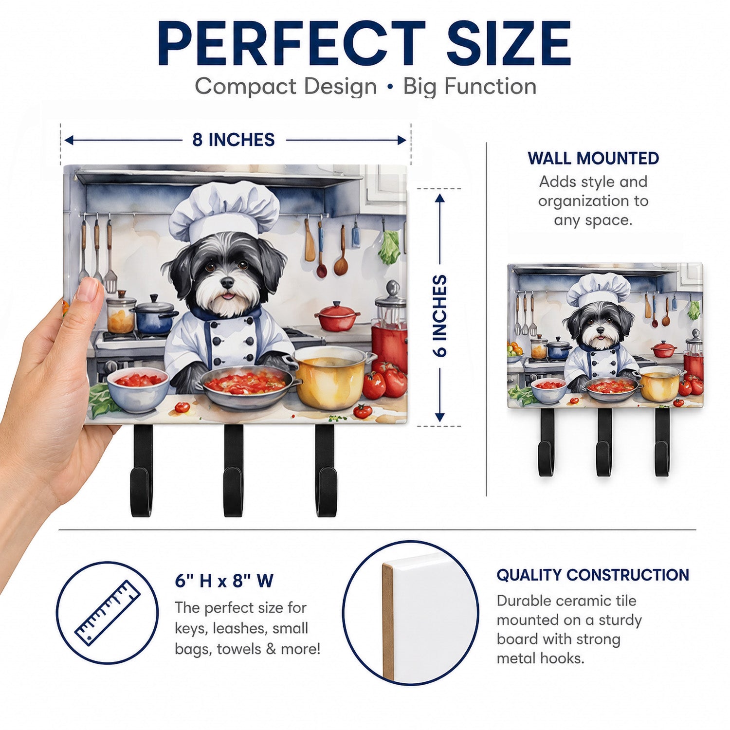 Havanese The Chef Leash or Key Holder Wall Hooks, Coat Rack Wall Mount, for Hanging Keys, Towels, Aprons, Leashes