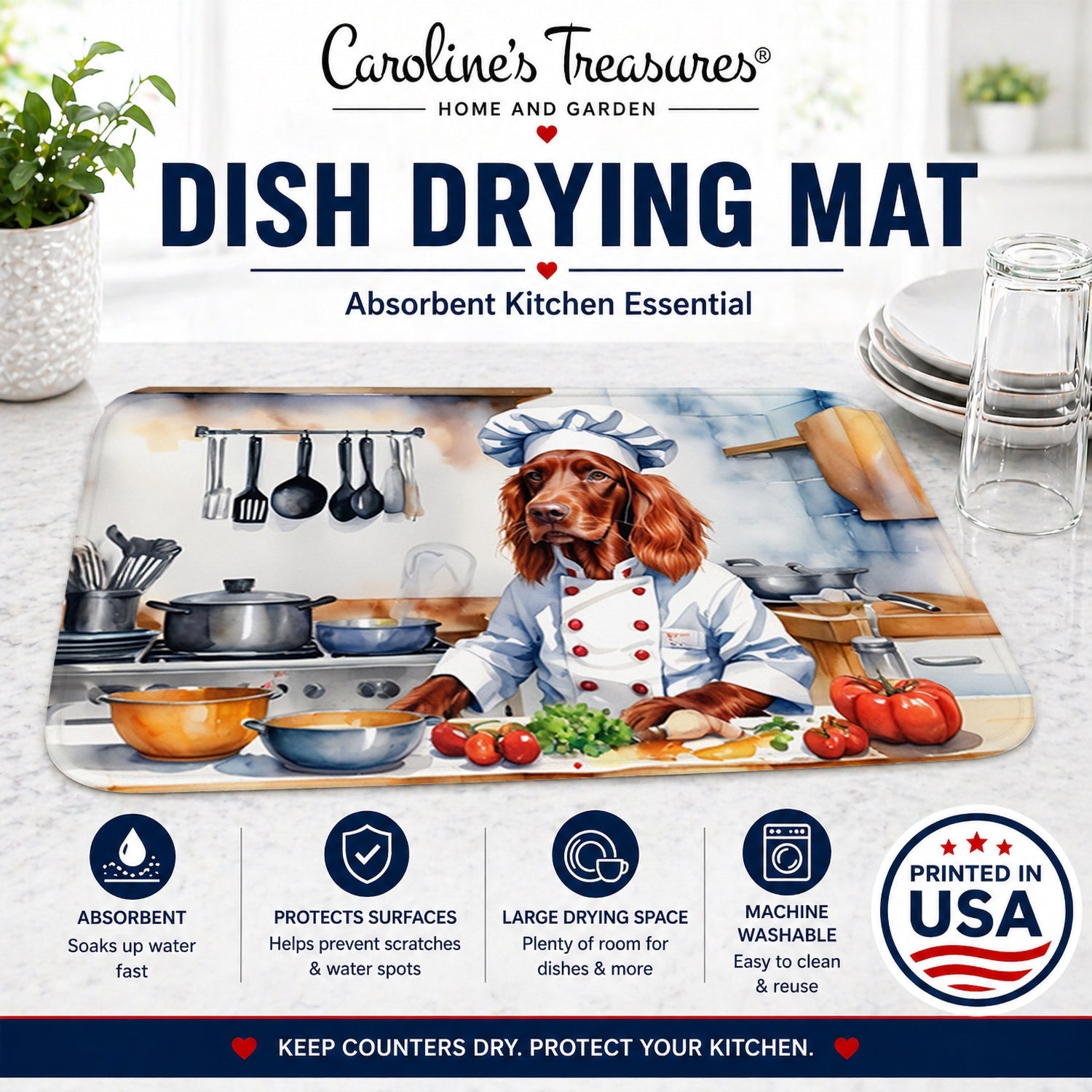 Irish Setter The Chef Dish Drying Mat Absorbent Dish Drying Mat Pad for Kitchen Counter Dish Drainer Mat for Countertop, 14 x 21", Multicolor