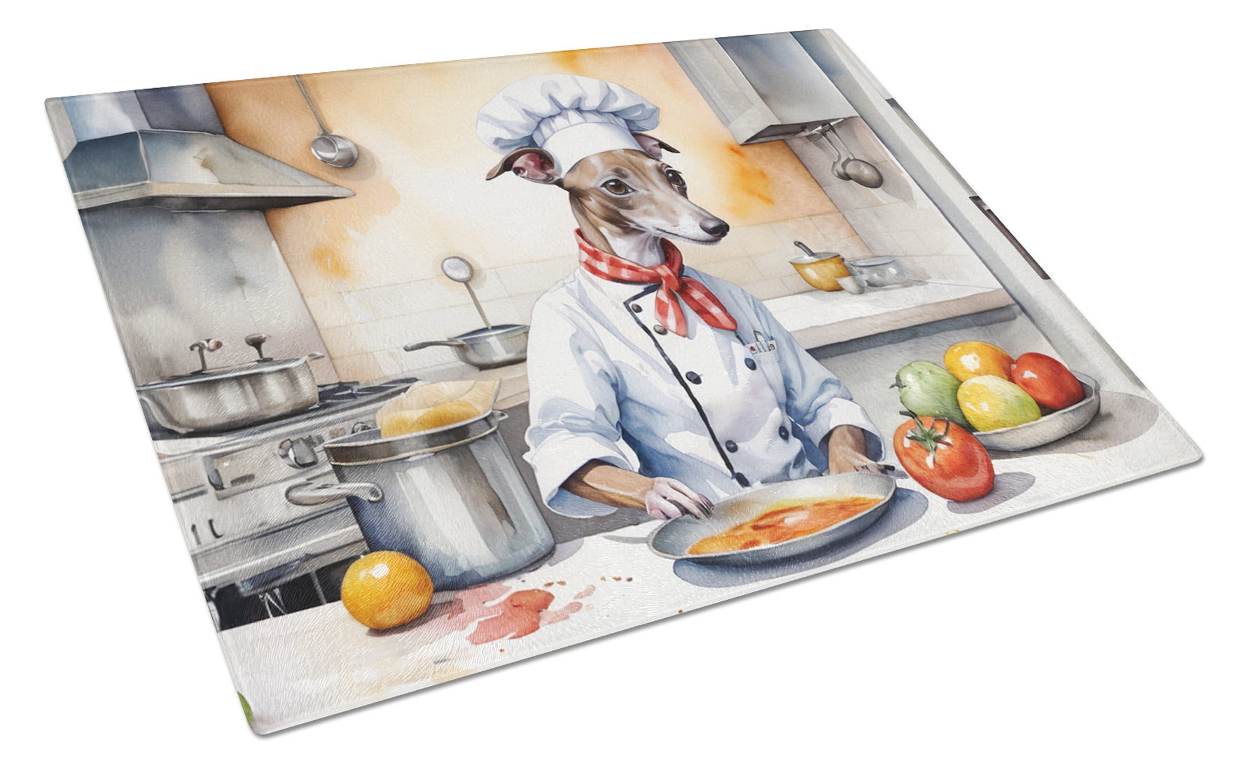 Italian Greyhound The Chef Cutting Board Tempered Glass Kitchen Cutting Surface, Heat Resistant Chopping, Non-Slip Feet, Food Prep & Serving