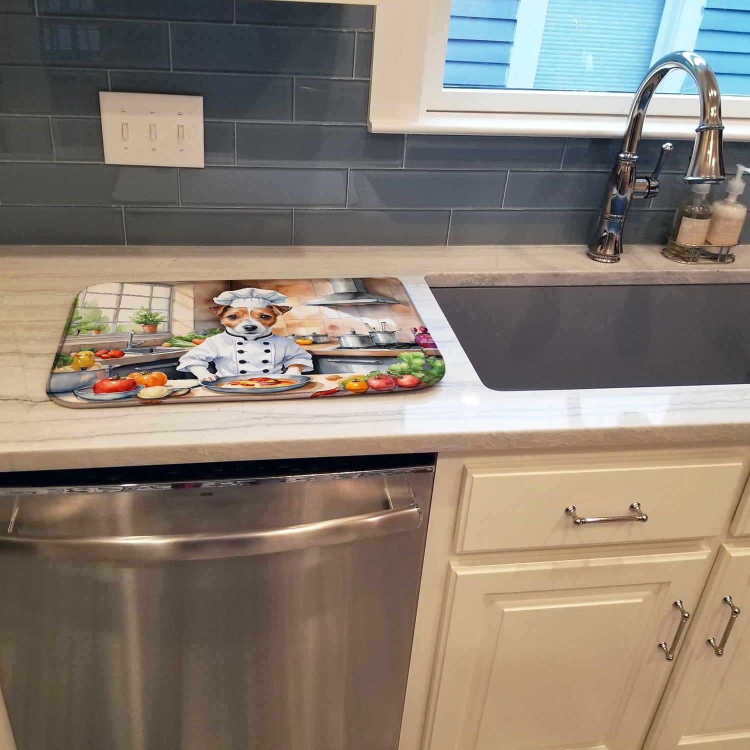 Jack Russell Terrier The Chef Dish Drying Mat Absorbent Dish Drying Mat Pad for Kitchen Counter Dish Drainer Mat for Countertop, 14 x 21", Multicolor