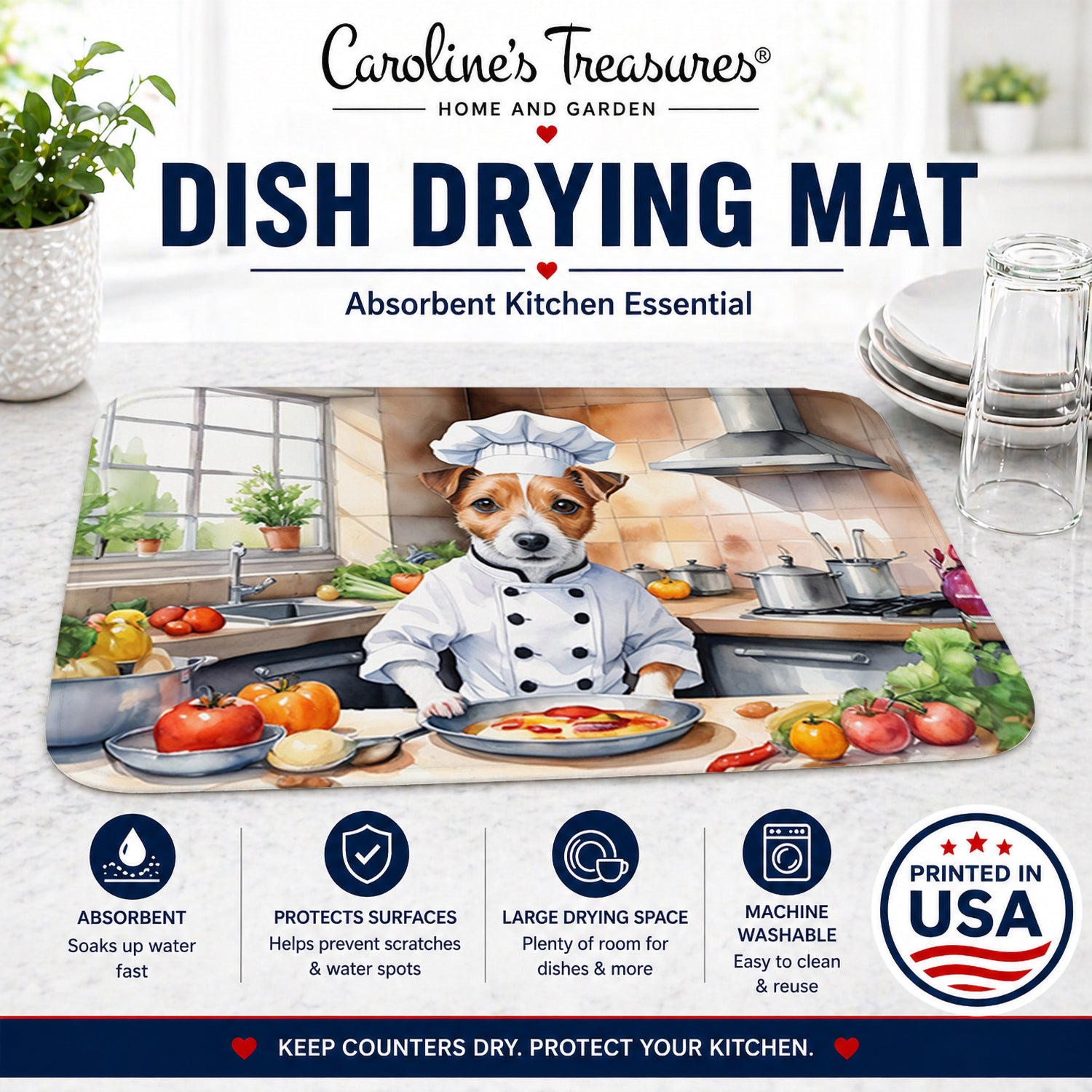 Jack Russell Terrier The Chef Dish Drying Mat Absorbent Dish Drying Mat Pad for Kitchen Counter Dish Drainer Mat for Countertop, 14 x 21", Multicolor