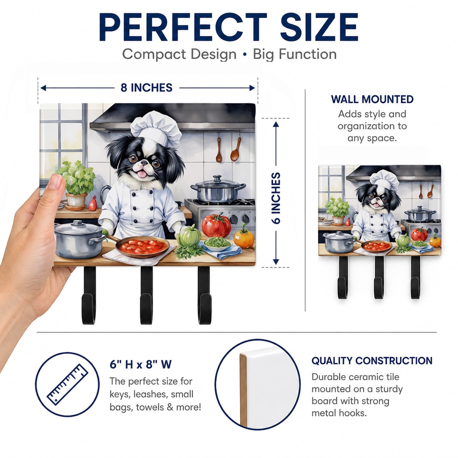 Japanese Chin The Chef Leash or Key Holder Wall Hooks, Coat Rack Wall Mount, for Hanging Keys, Towels, Aprons, Leashes