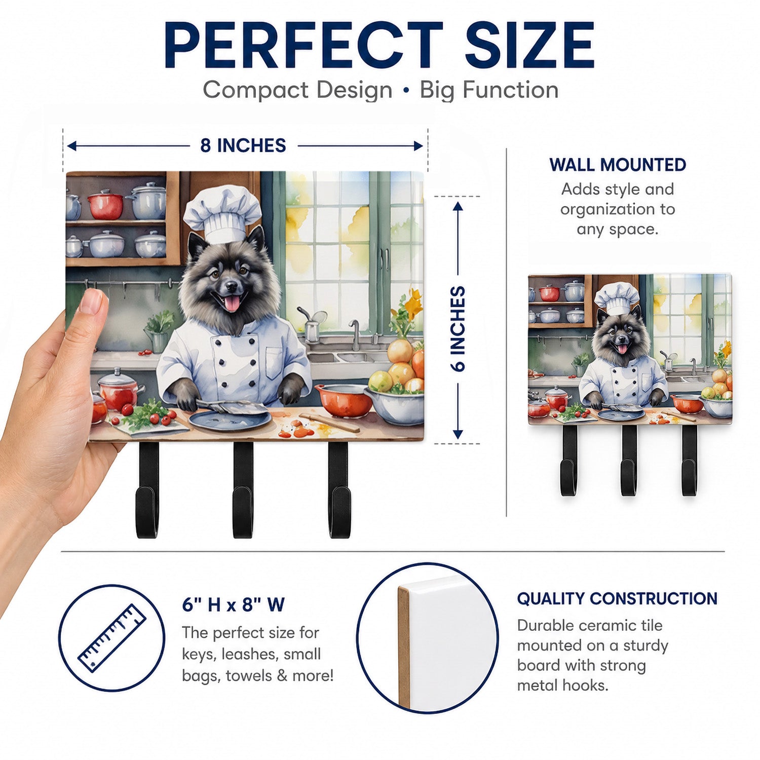 Keeshond The Chef Leash or Key Holder Wall Hooks, Coat Rack Wall Mount, for Hanging Keys, Towels, Aprons, Leashes