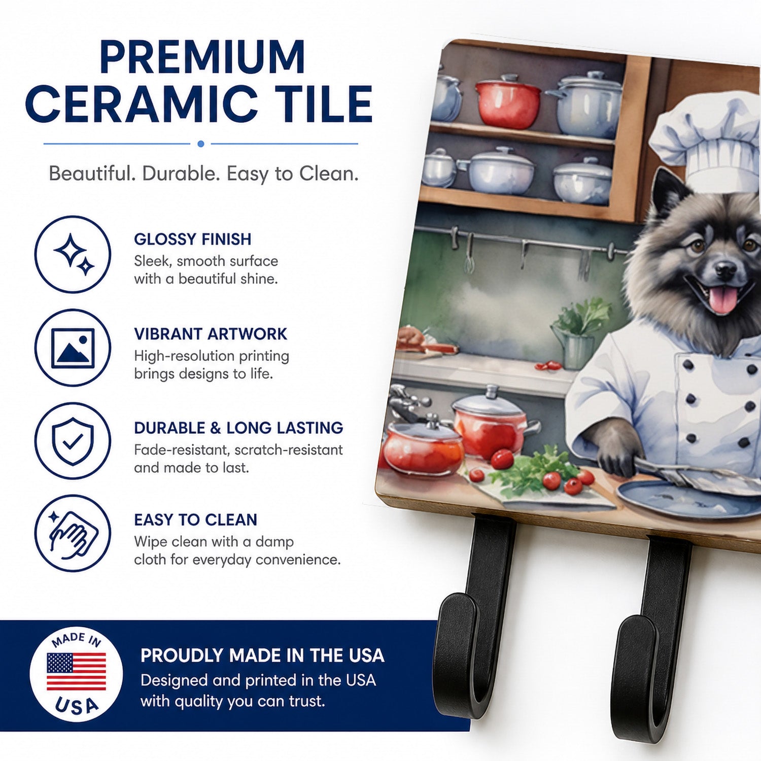 Keeshond The Chef Leash or Key Holder Wall Hooks, Coat Rack Wall Mount, for Hanging Keys, Towels, Aprons, Leashes