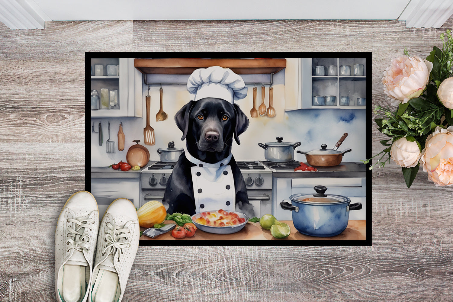 Black Labrador Retriever The Chef Doormat Indoor Outdoor 18H X 27W Front Door Mat Rugs for Entryway, Non Slip Washable
