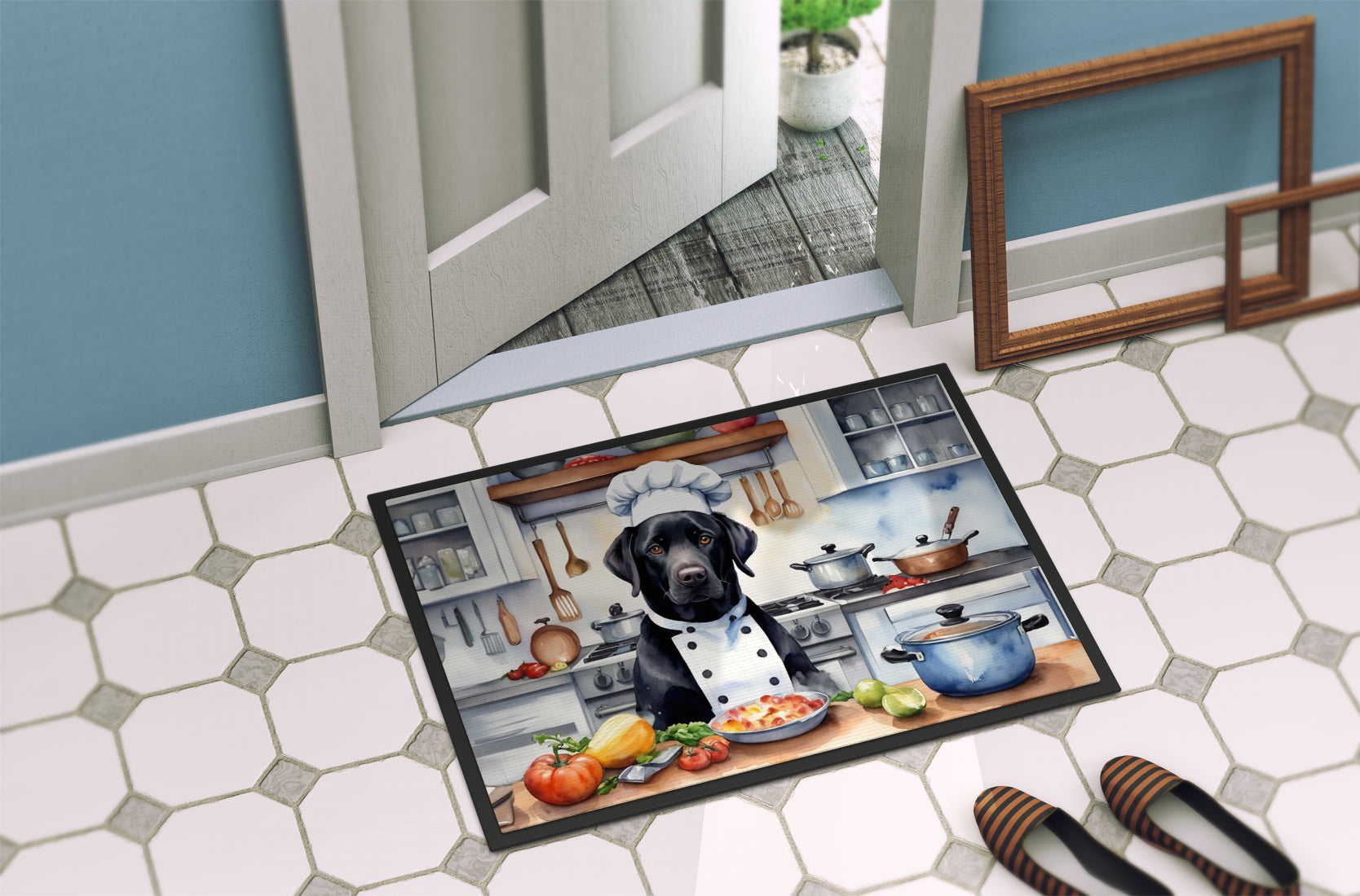 Black Labrador Retriever The Chef Doormat Indoor Outdoor 18H X 27W Front Door Mat Rugs for Entryway, Non Slip Washable