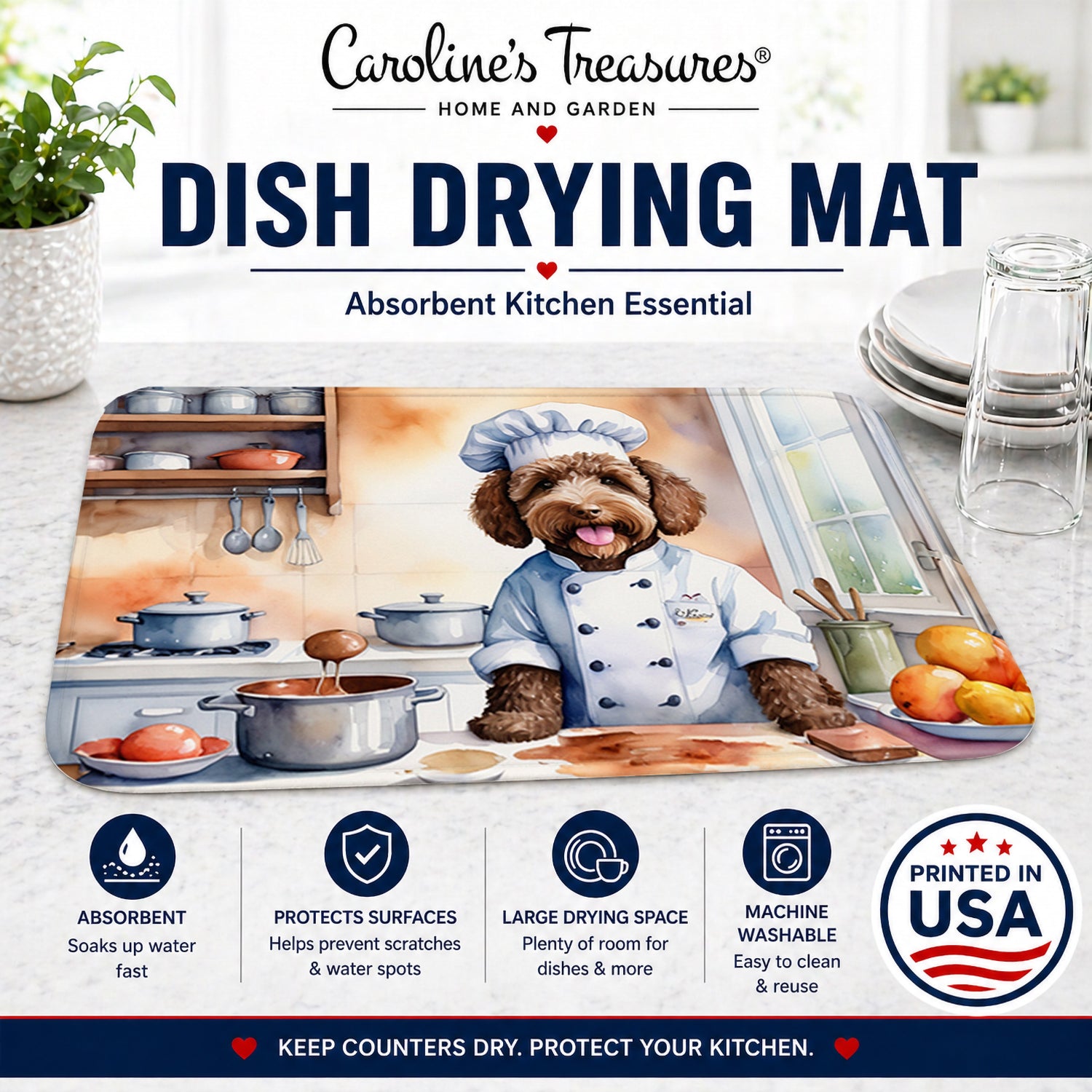 Labradoodle The Chef Dish Drying Mat Absorbent Dish Drying Mat Pad for Kitchen Counter Dish Drainer Mat for Countertop, 14 x 21", Multicolor