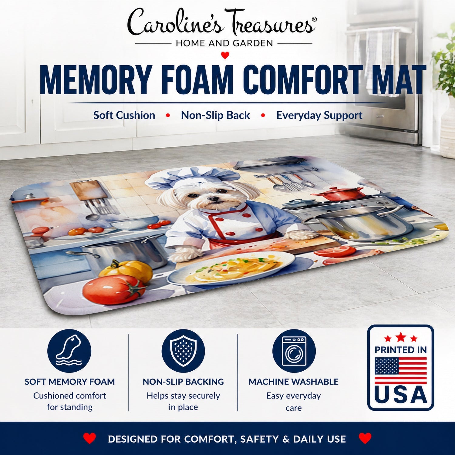 Maltese The Chef Memory Foam Kitchen Mat Machine Washable Anti-Fatigue Cushion Comfort Bath or Kitchen Rug