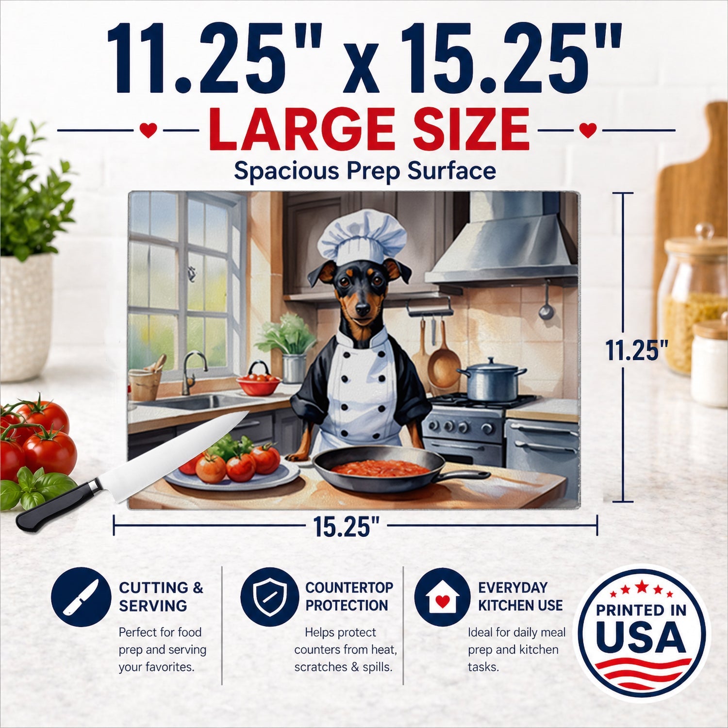 Manchester Terrier The Chef Cutting Board Tempered Glass Kitchen Cutting Surface, Heat Resistant Chopping, Non-Slip Feet, Food Prep & Serving