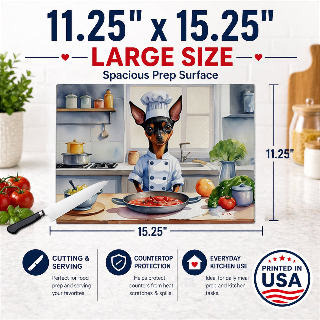 Miniature Pinscher The Chef Cutting Board Tempered Glass Kitchen Cutting Surface, Heat Resistant Chopping, Non-Slip Feet, Food Prep & Serving