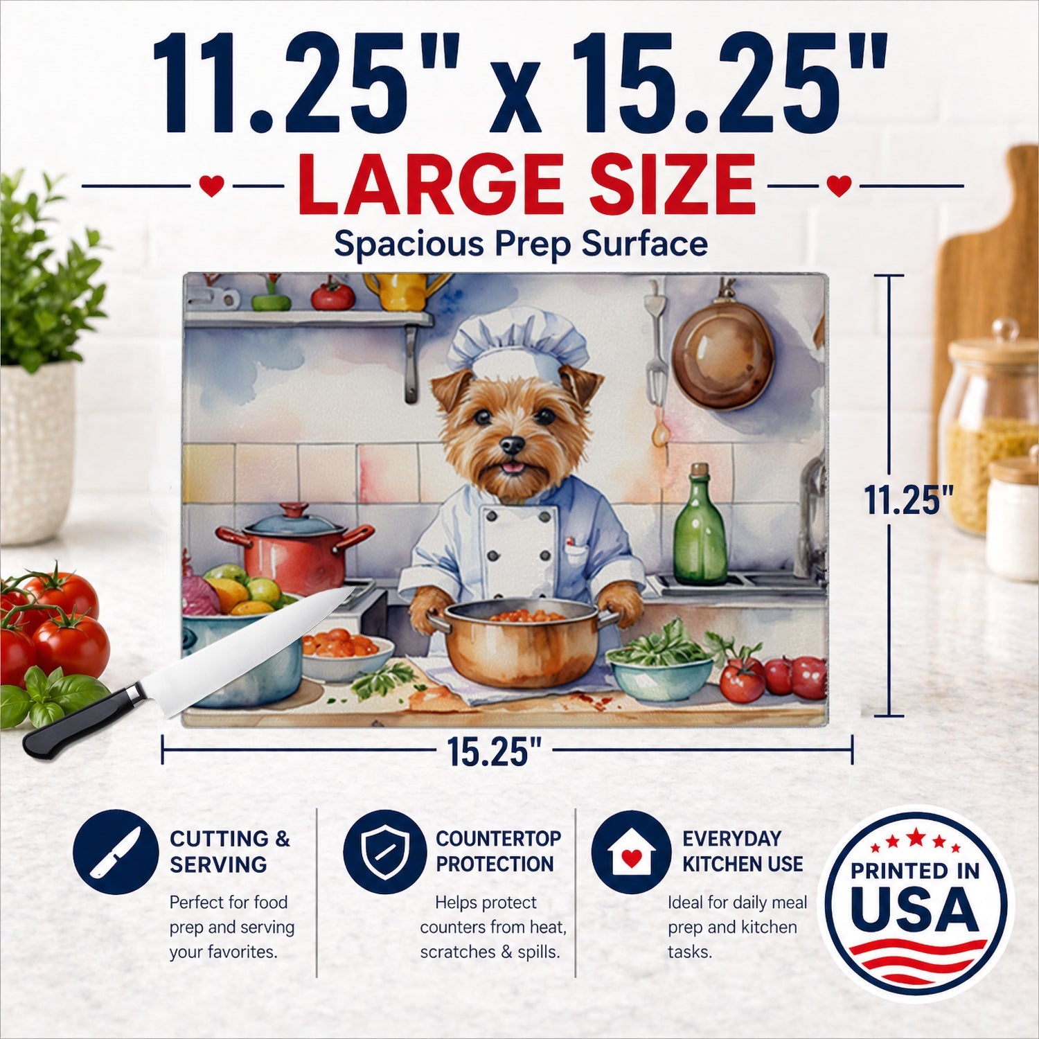 Norfolk Terrier The Chef Cutting Board Tempered Glass Kitchen Cutting Surface, Heat Resistant Chopping, Non-Slip Feet, Food Prep & Serving