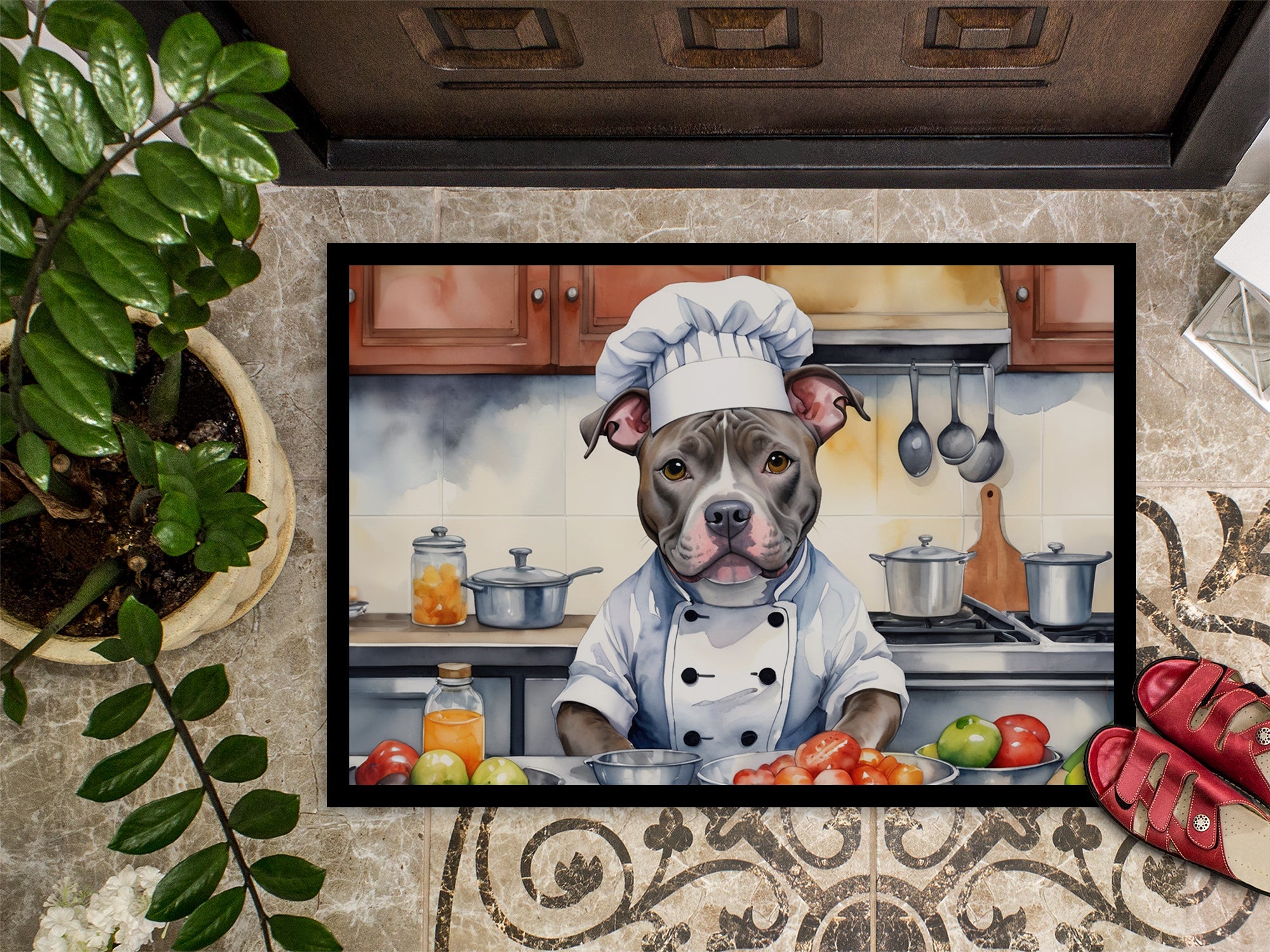 Pit Bull Terrier The Chef Doormat Indoor Outdoor 18H X 27W Front Door Mat Rugs for Entryway, Non Slip Washable