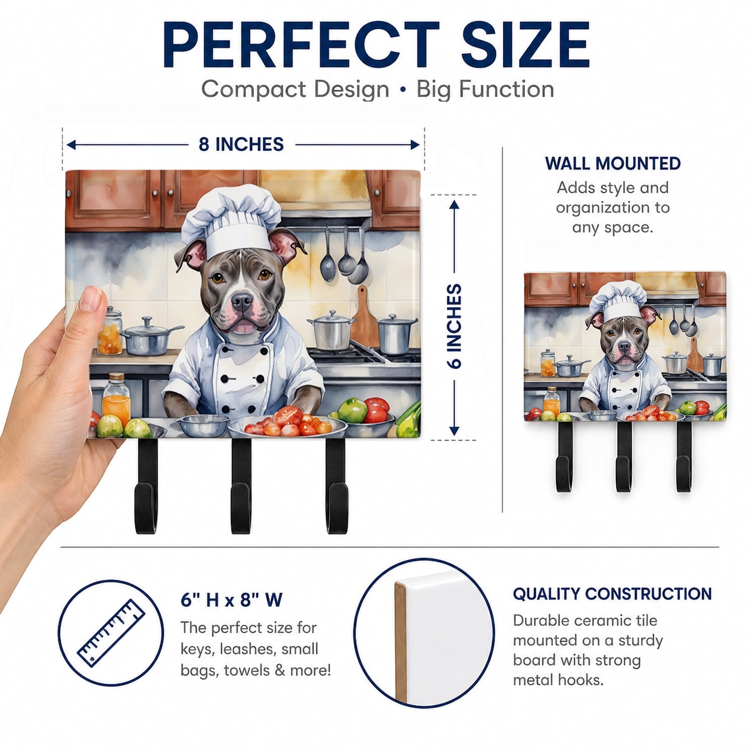 Pit Bull Terrier The Chef Leash or Key Holder Wall Hooks, Coat Rack Wall Mount, for Hanging Keys, Towels, Aprons, Leashes