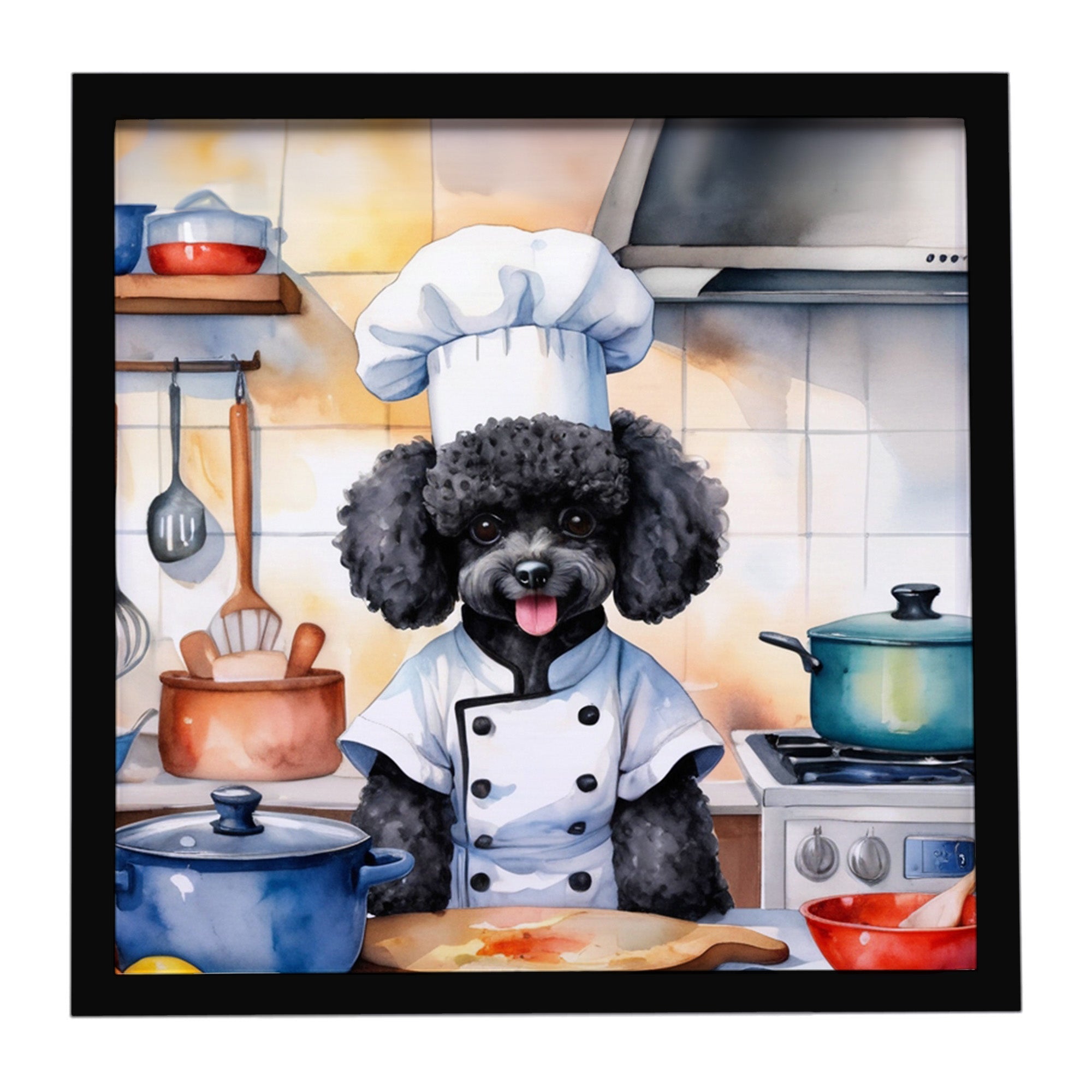 Black Poodle The Chef Framed Metal Print Bathroom, Kitchen, Office, Home Decor Wall Art Ready to Hang, Square, 8X8