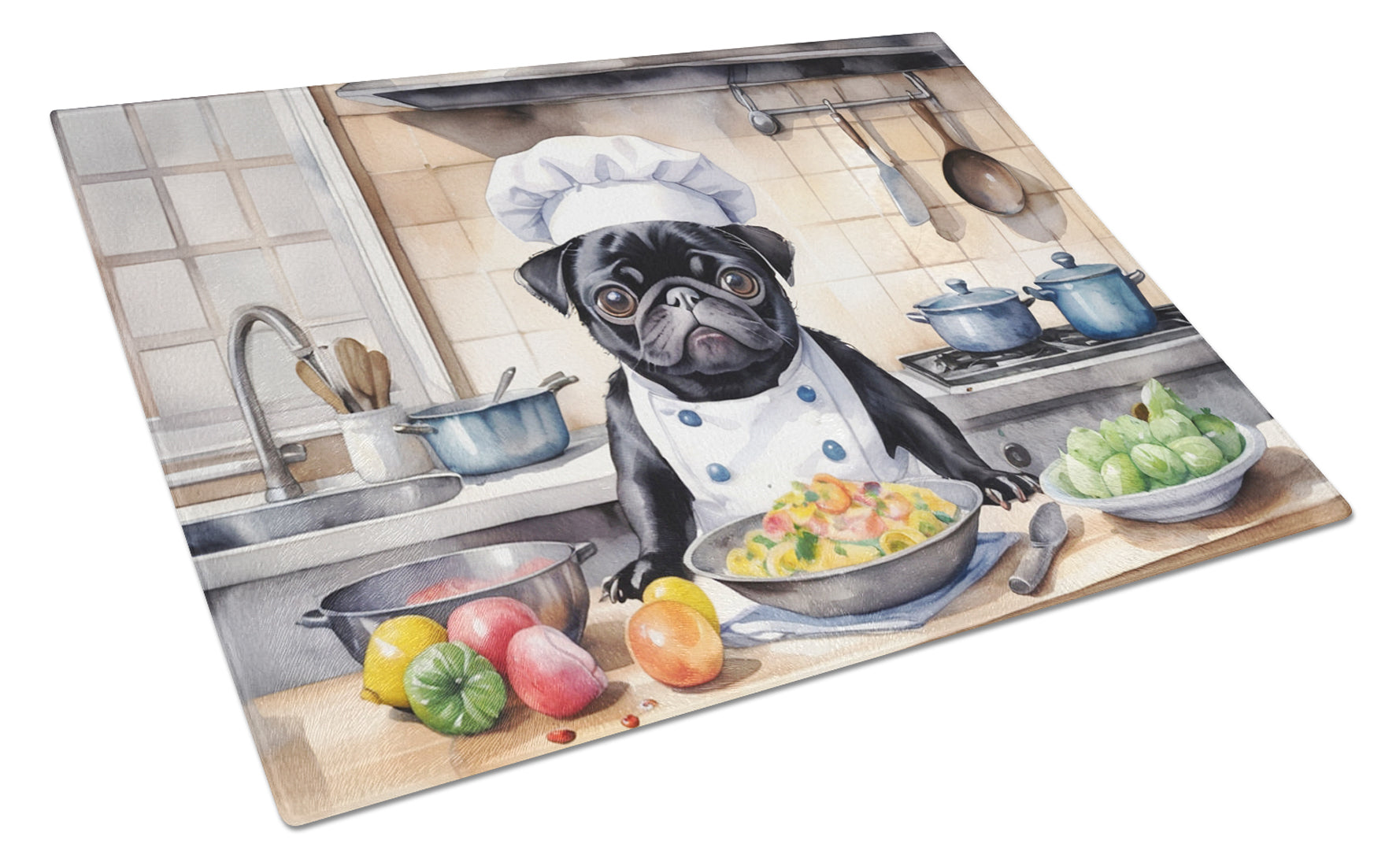 Pug The Chef Cutting Board Tempered Glass Kitchen Cutting Surface, Heat Resistant Chopping, Non-Slip Feet, Food Prep & Serving