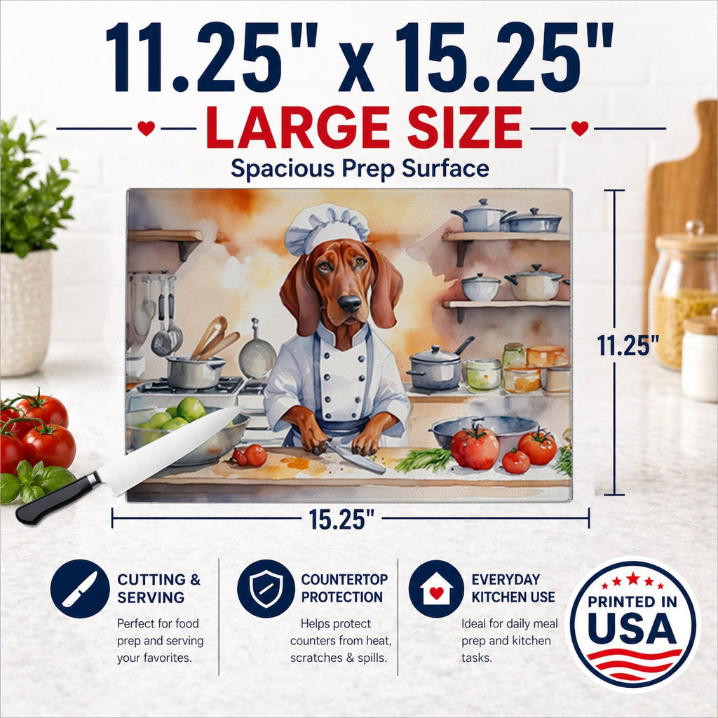 Redbone Coonhound The Chef Cutting Board Tempered Glass Kitchen Cutting Surface, Heat Resistant Chopping, Non-Slip Feet, Food Prep & Serving