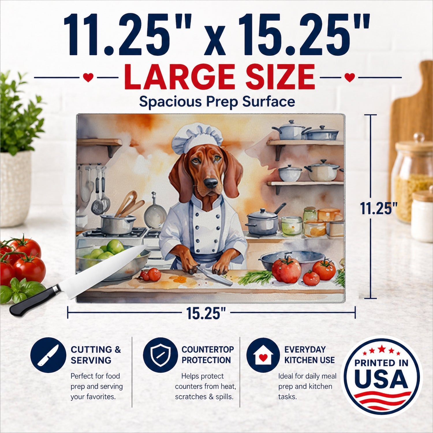 Redbone Coonhound The Chef Cutting Board Tempered Glass Kitchen Cutting Surface, Heat Resistant Chopping, Non-Slip Feet, Food Prep & Serving