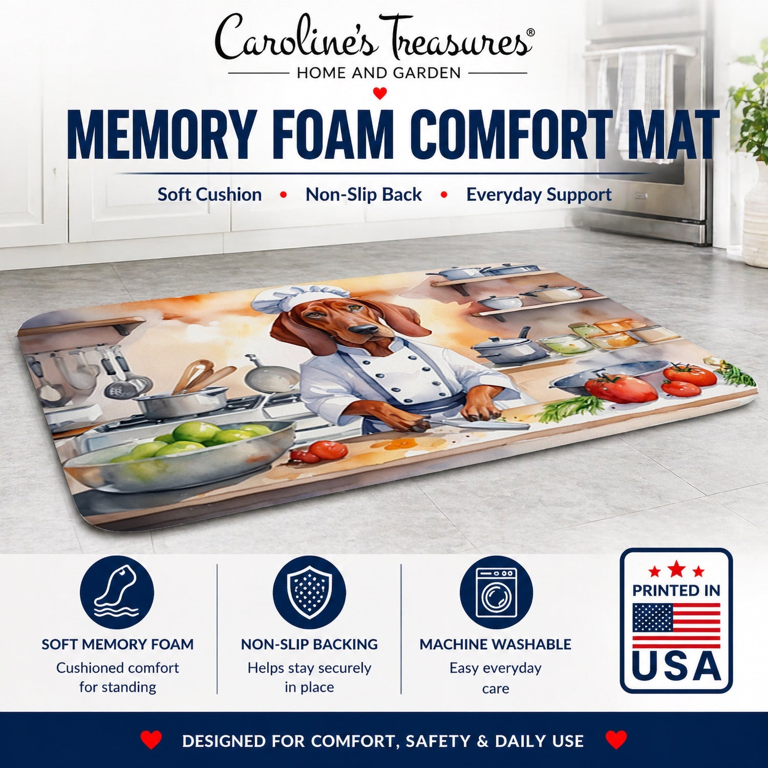 Redbone Coonhound The Chef Memory Foam Kitchen Mat Machine Washable Anti-Fatigue Cushion Comfort Bath or Kitchen Rug
