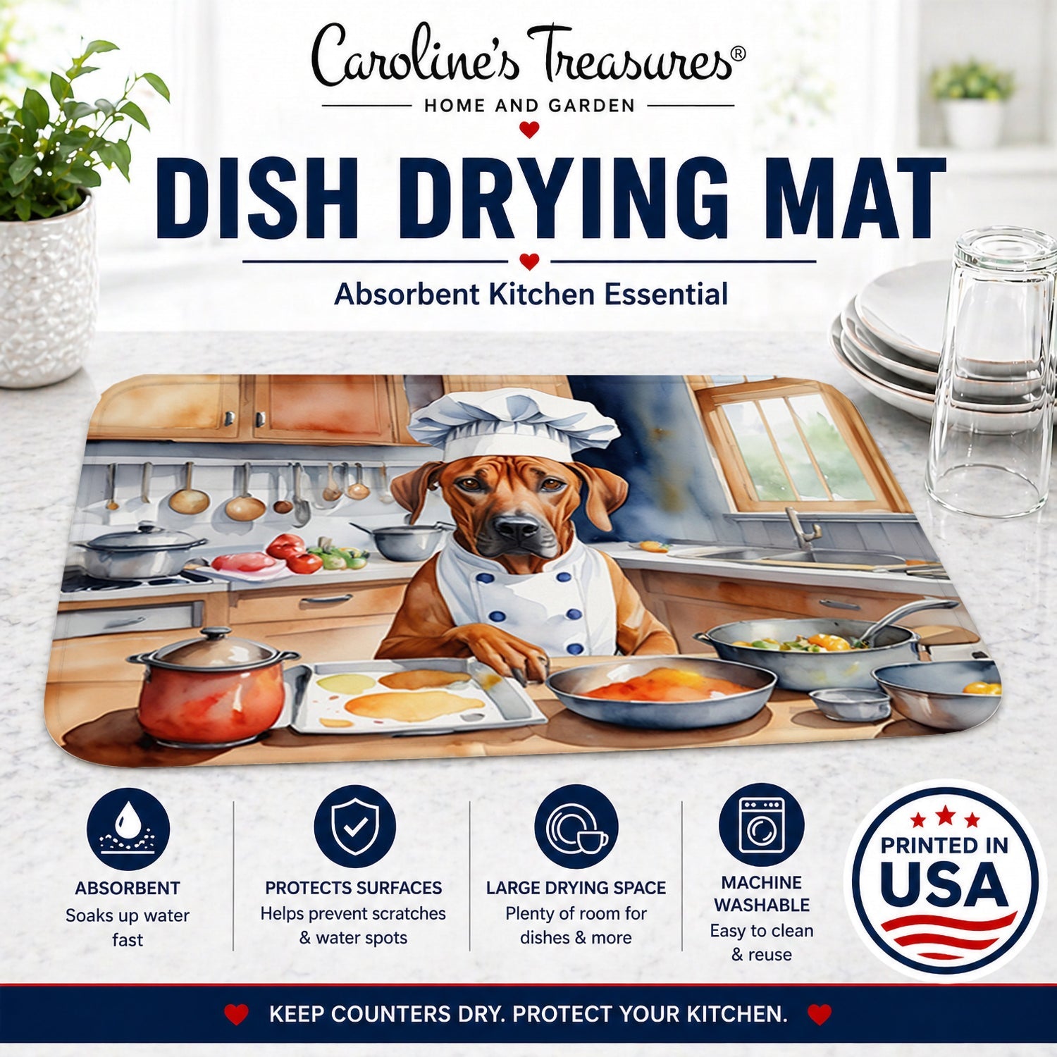 Rhodesian Ridgeback The Chef Dish Drying Mat Absorbent Dish Drying Mat Pad for Kitchen Counter Dish Drainer Mat for Countertop, 14 x 21", Multicolor