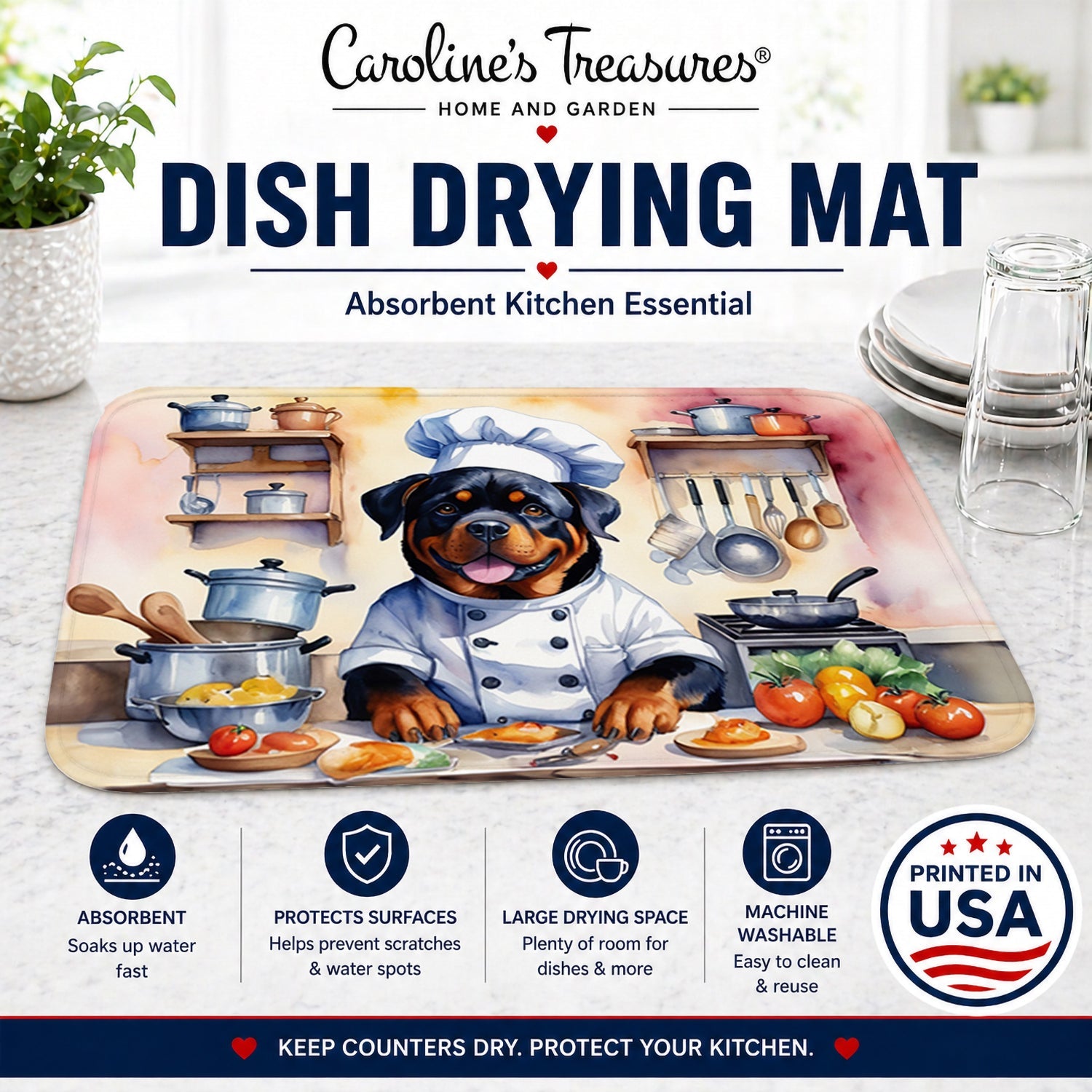 Rottweiler The Chef Dish Drying Mat Absorbent Dish Drying Mat Pad for Kitchen Counter Dish Drainer Mat for Countertop, 14 x 21", Multicolor
