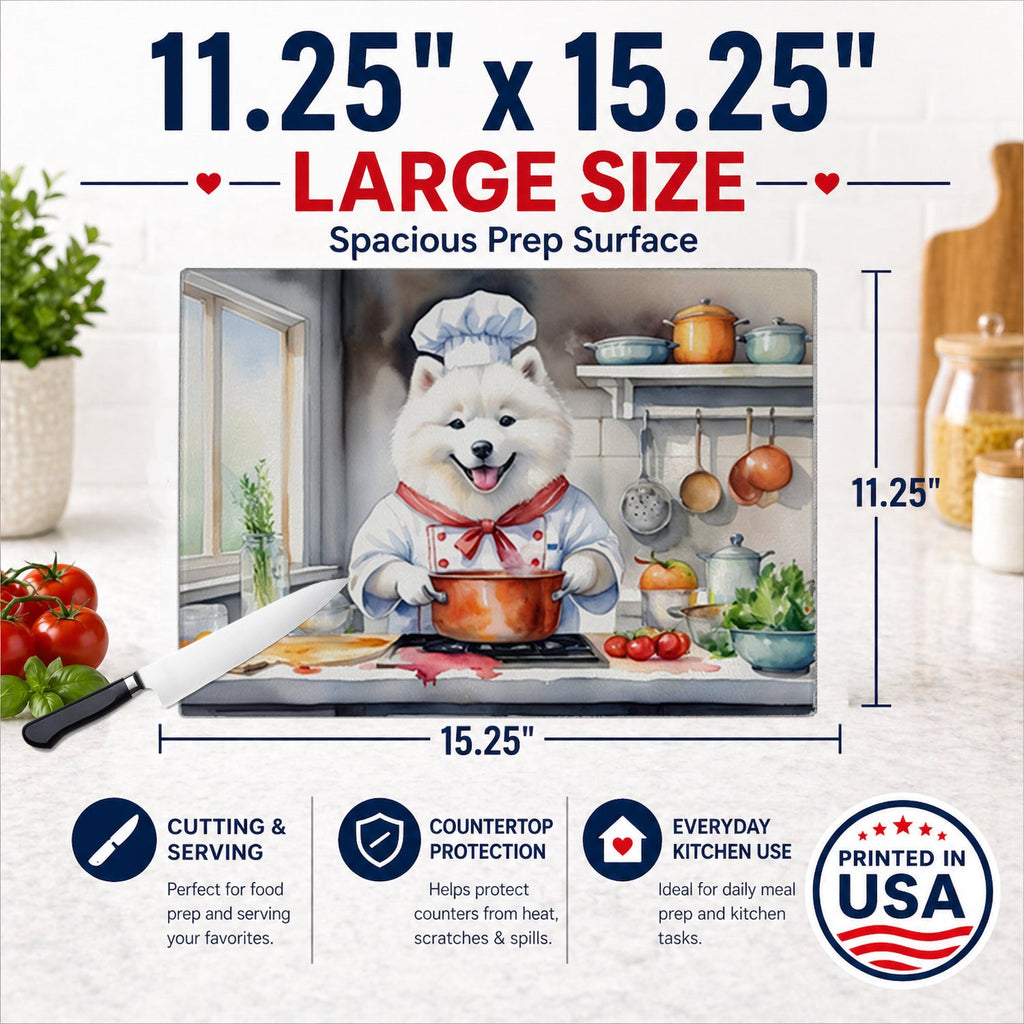 Samoyed The Chef Cutting Board Tempered Glass Kitchen Cutting Surface, Heat Resistant Chopping, Non-Slip Feet, Food Prep & Serving