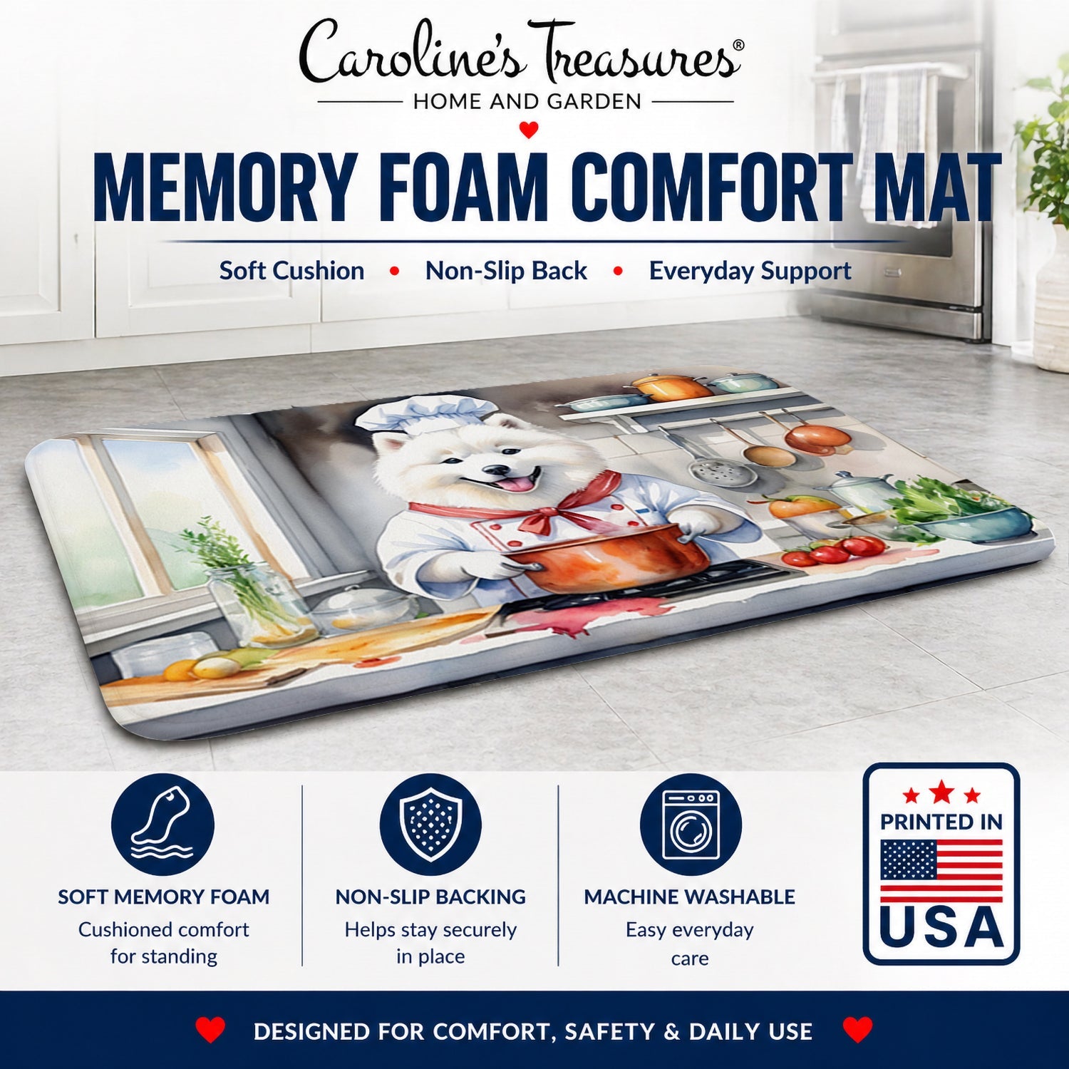 Samoyed The Chef Memory Foam Kitchen Mat Machine Washable Anti-Fatigue Cushion Comfort Bath or Kitchen Rug