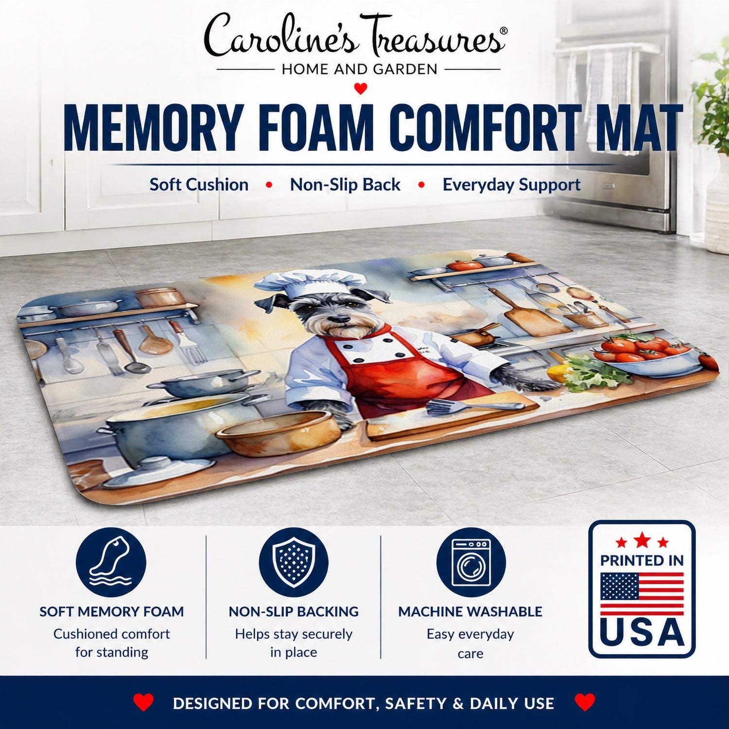 Schnauzer The Chef Memory Foam Kitchen Mat Machine Washable Anti-Fatigue Cushion Comfort Bath or Kitchen Rug