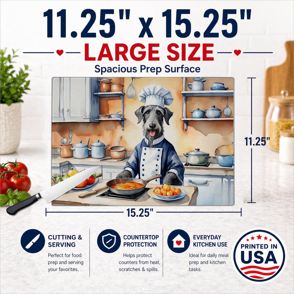 Scottish Deerhound The Chef Cutting Board Tempered Glass Kitchen Cutting Surface, Heat Resistant Chopping, Non-Slip Feet, Food Prep & Serving