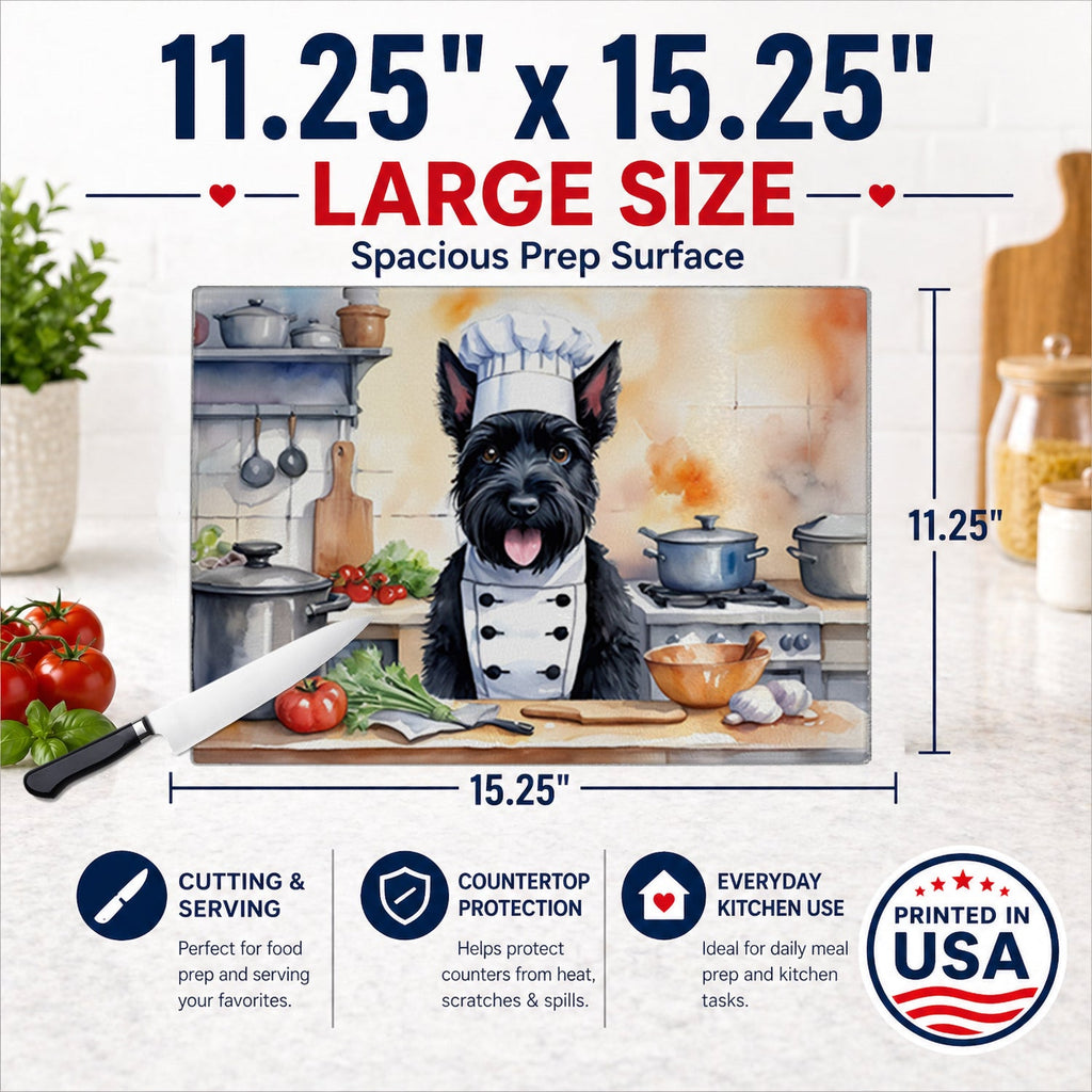 Scottish Terrier The Chef Cutting Board Tempered Glass Kitchen Cutting Surface, Heat Resistant Chopping, Non-Slip Feet, Food Prep & Serving