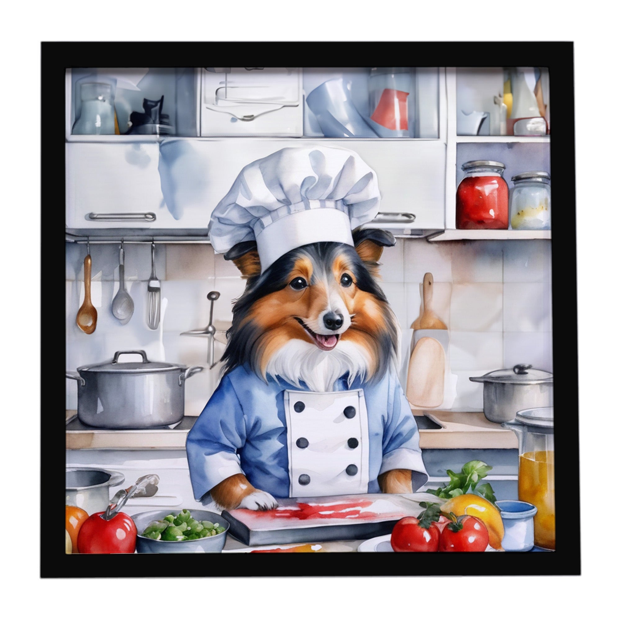 Sheltie The Chef Framed Metal Print Bathroom, Kitchen, Office, Home Decor Wall Art Ready to Hang, Square, 8X8