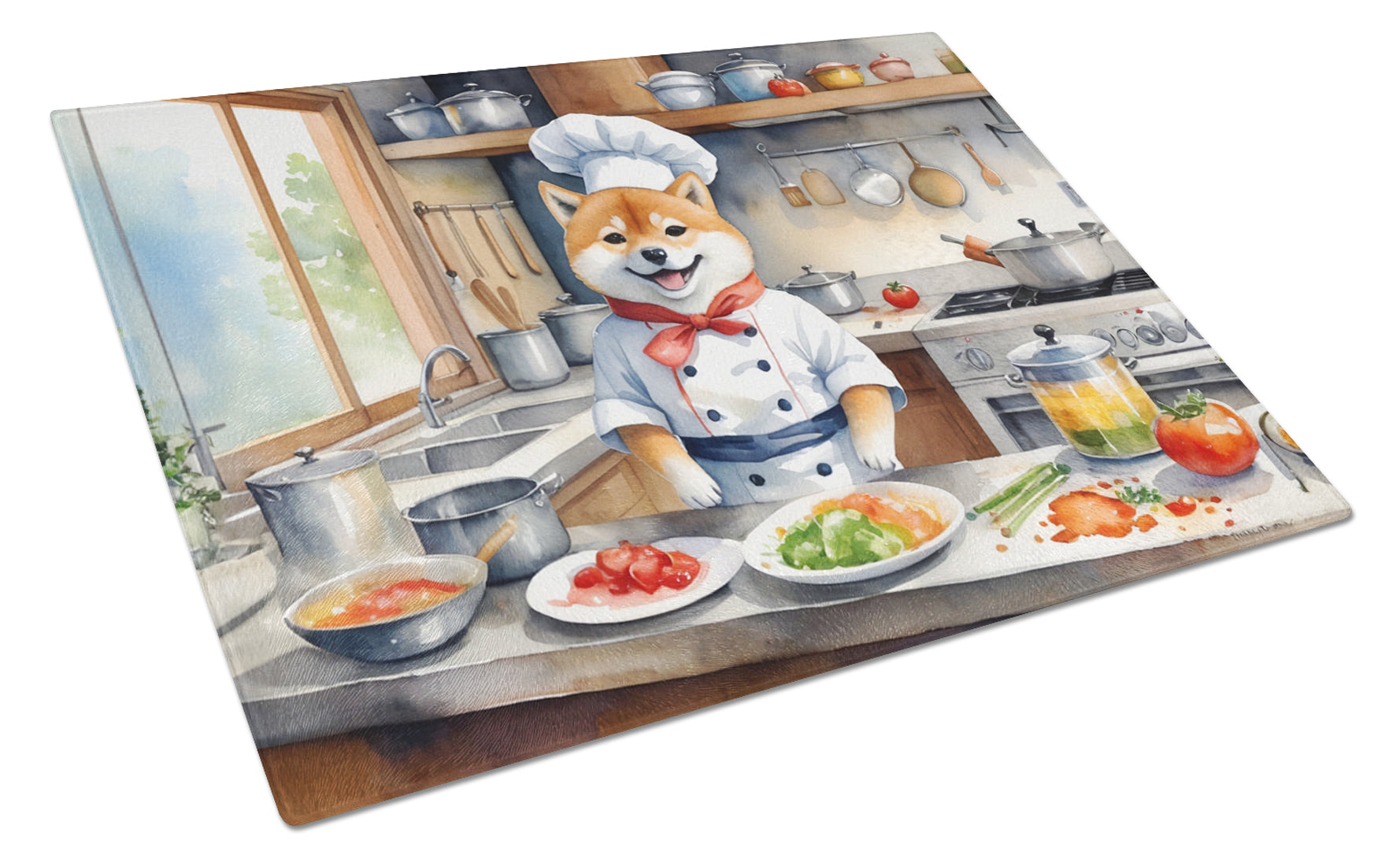 Shiba Inu The Chef Cutting Board Tempered Glass Kitchen Cutting Surface, Heat Resistant Chopping, Non-Slip Feet, Food Prep & Serving