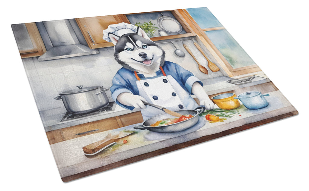 Siberian Husky The Chef Cutting Board Tempered Glass Kitchen Cutting Surface, Heat Resistant Chopping, Non-Slip Feet, Food Prep & Serving