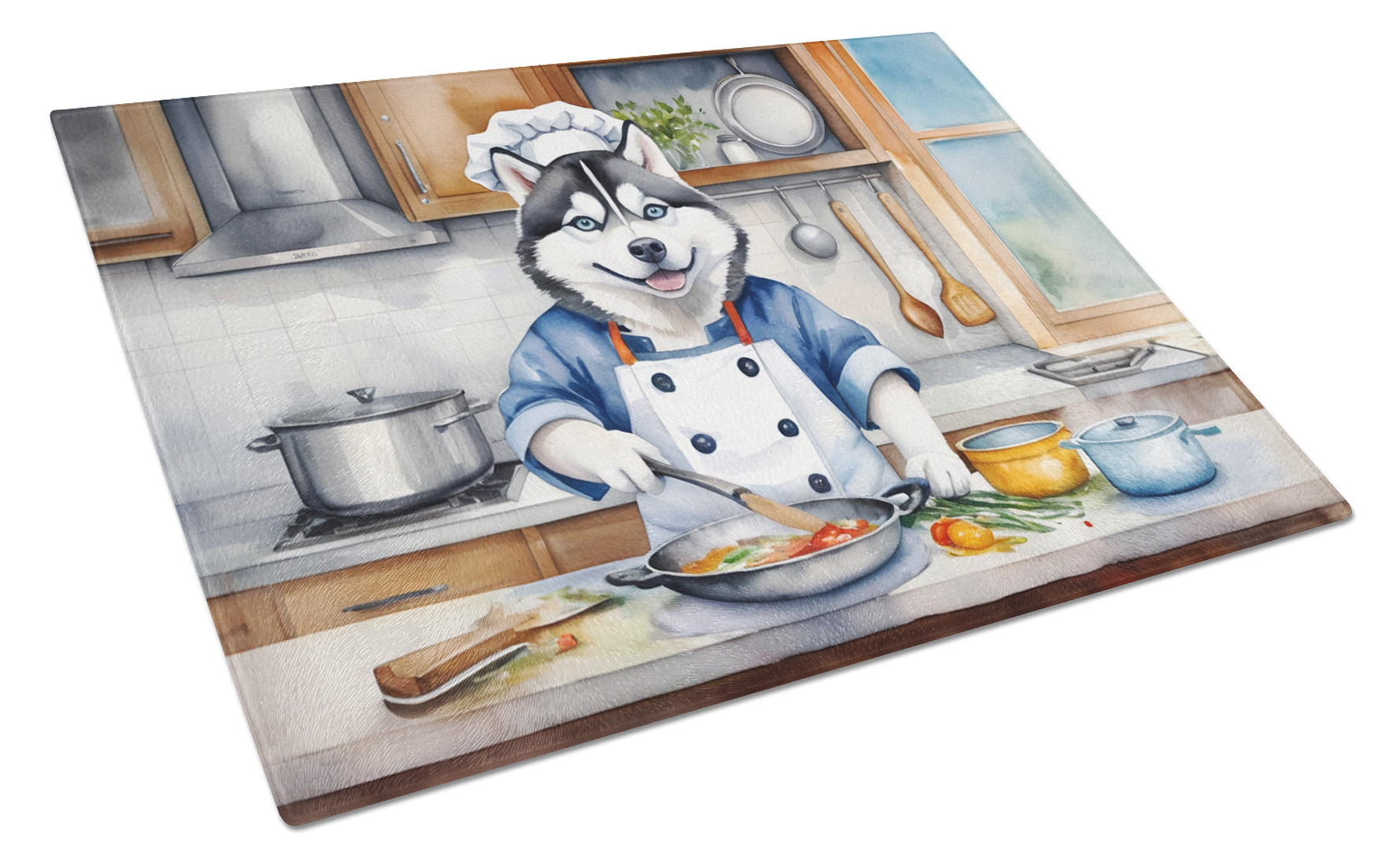 Siberian Husky The Chef Cutting Board Tempered Glass Kitchen Cutting Surface, Heat Resistant Chopping, Non-Slip Feet, Food Prep & Serving
