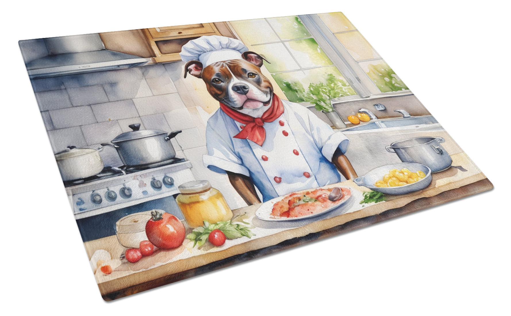 Staffordshire Bull Terrier The Chef Cutting Board Tempered Glass Kitchen Cutting Surface, Heat Resistant Chopping, Non-Slip Feet, Food Prep & Serving