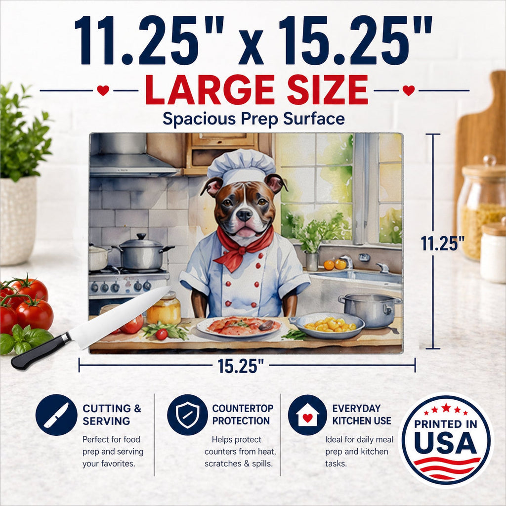 Staffordshire Bull Terrier The Chef Cutting Board Tempered Glass Kitchen Cutting Surface, Heat Resistant Chopping, Non-Slip Feet, Food Prep & Serving