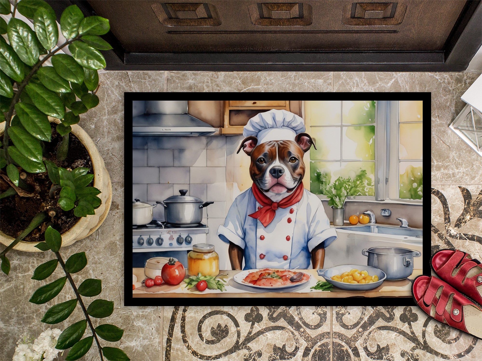 Staffordshire Bull Terrier The Chef Doormat Indoor Outdoor 18H X 27W Front Door Mat Rugs for Entryway, Non Slip Washable