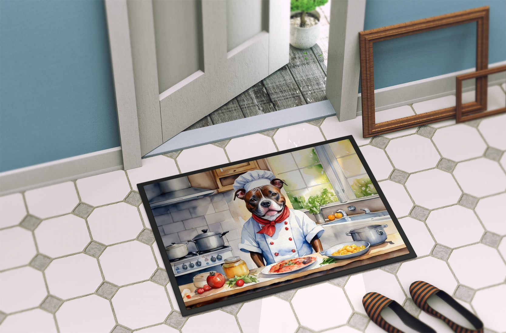 Staffordshire Bull Terrier The Chef Doormat Indoor Outdoor 18H X 27W Front Door Mat Rugs for Entryway, Non Slip Washable
