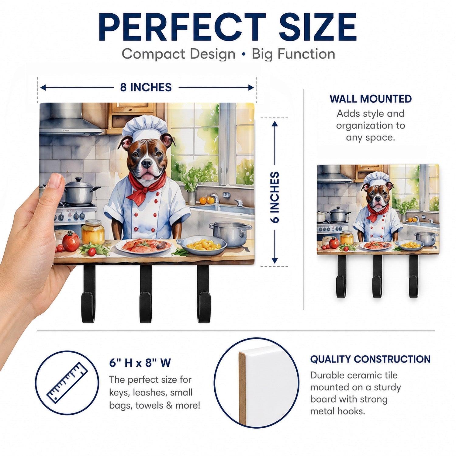 Staffordshire Bull Terrier The Chef Leash or Key Holder Wall Hooks, Coat Rack Wall Mount, for Hanging Keys, Towels, Aprons, Leashes