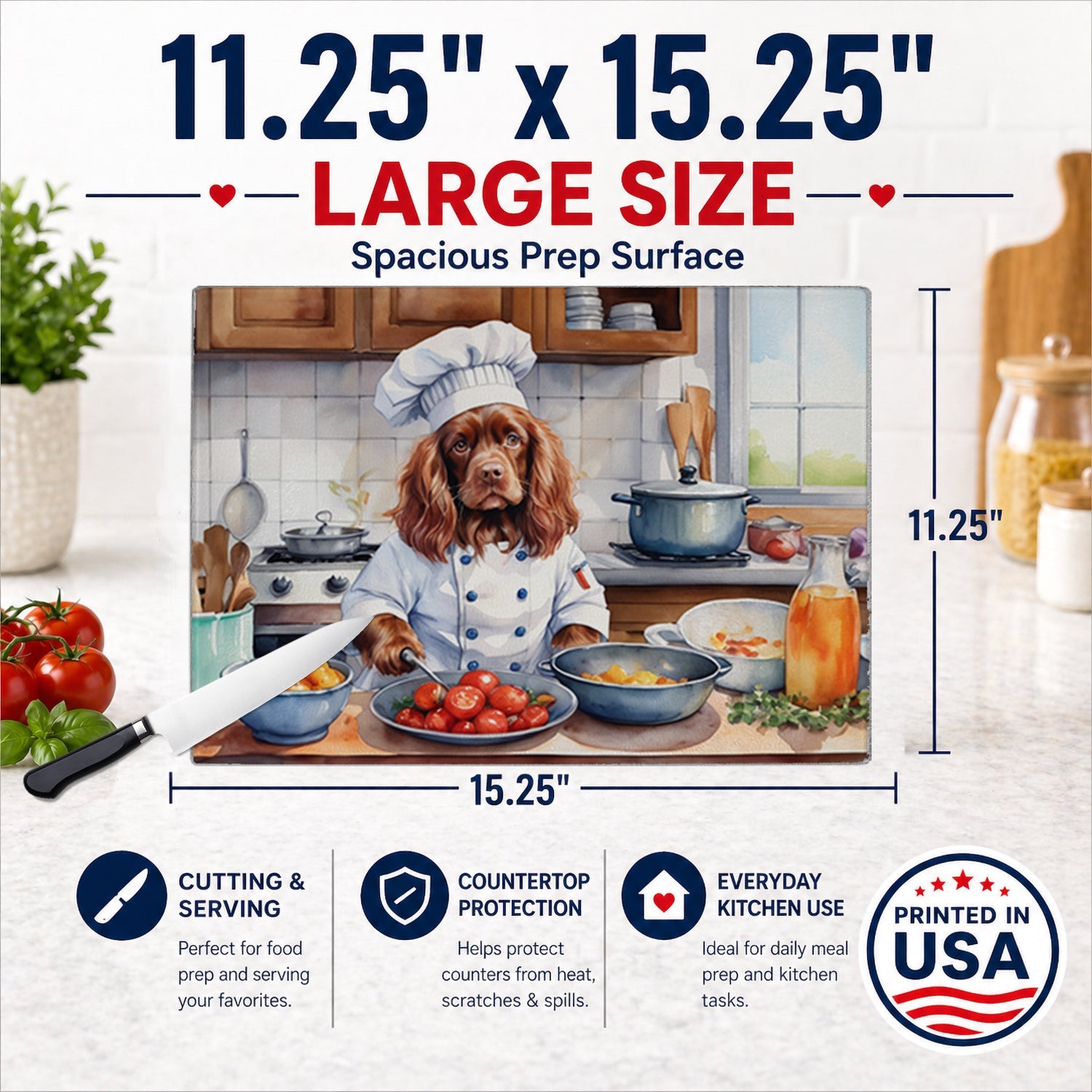 Sussex Spaniel The Chef Cutting Board Tempered Glass Kitchen Cutting Surface, Heat Resistant Chopping, Non-Slip Feet, Food Prep & Serving