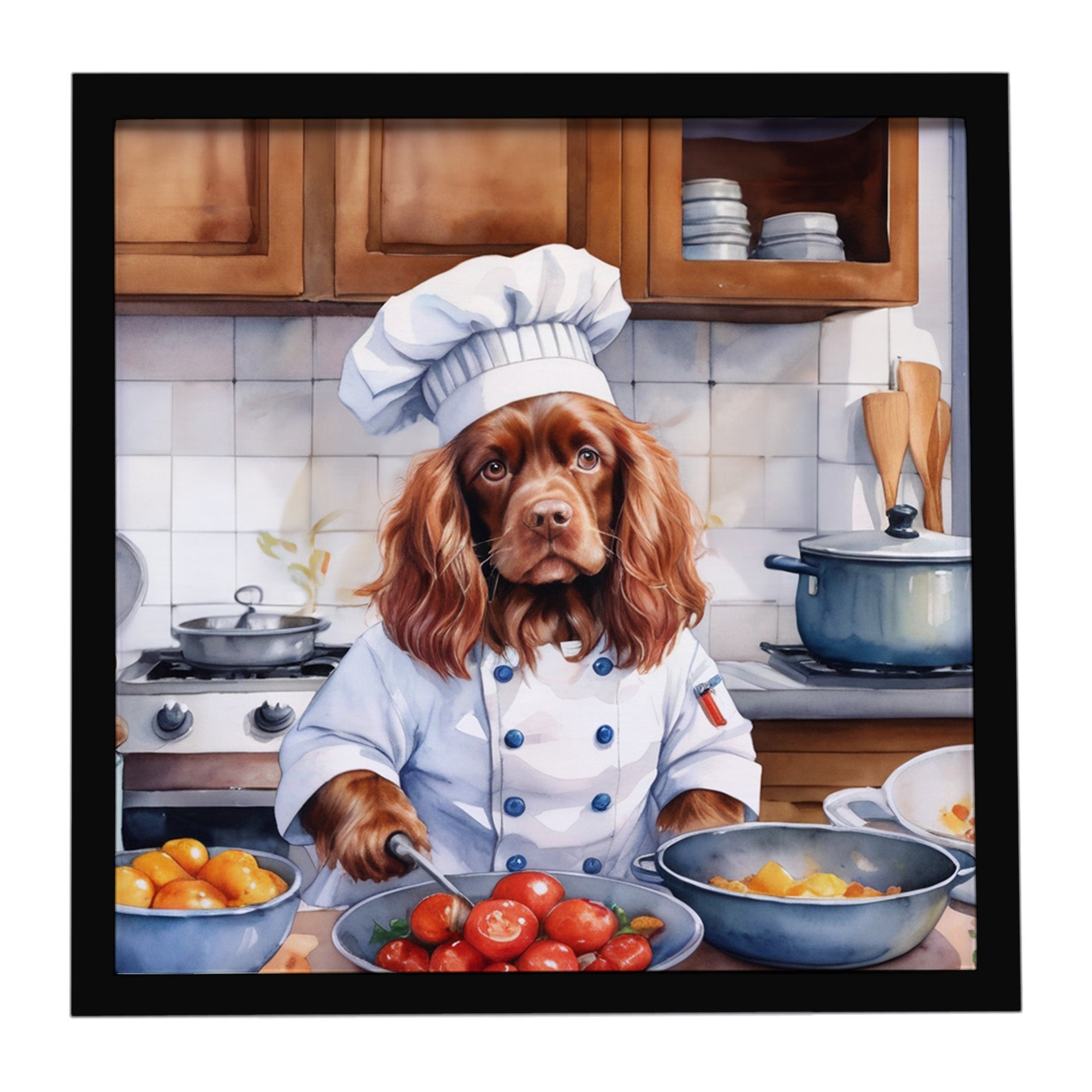 Sussex Spaniel The Chef Framed Metal Print Bathroom, Kitchen, Office, Home Decor Wall Art Ready to Hang, Square, 8X8