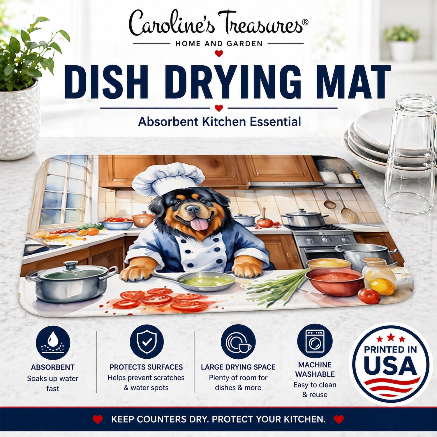 Tibetan Mastiff The Chef Dish Drying Mat Absorbent Dish Drying Mat Pad for Kitchen Counter Dish Drainer Mat for Countertop, 14 x 21", Multicolor
