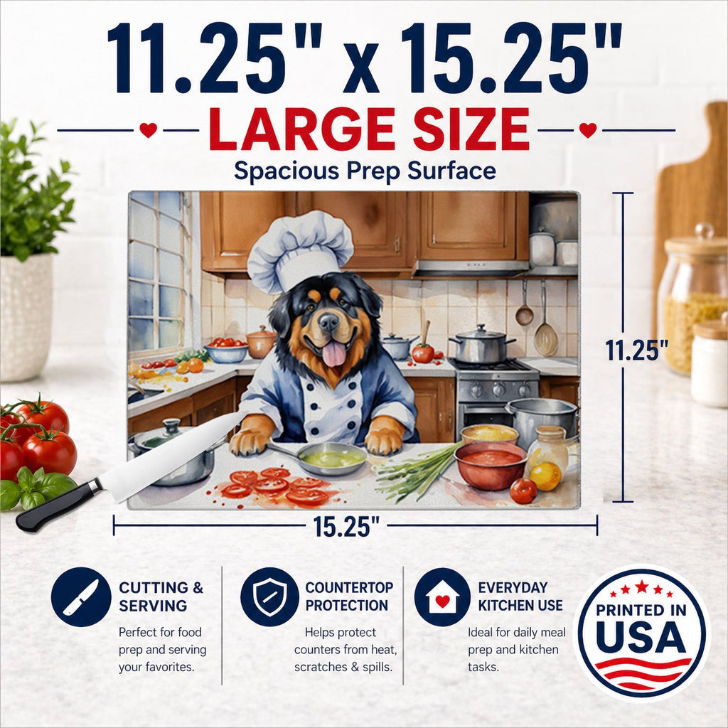 Tibetan Mastiff The Chef Cutting Board Tempered Glass Kitchen Cutting Surface, Heat Resistant Chopping, Non-Slip Feet, Food Prep & Serving