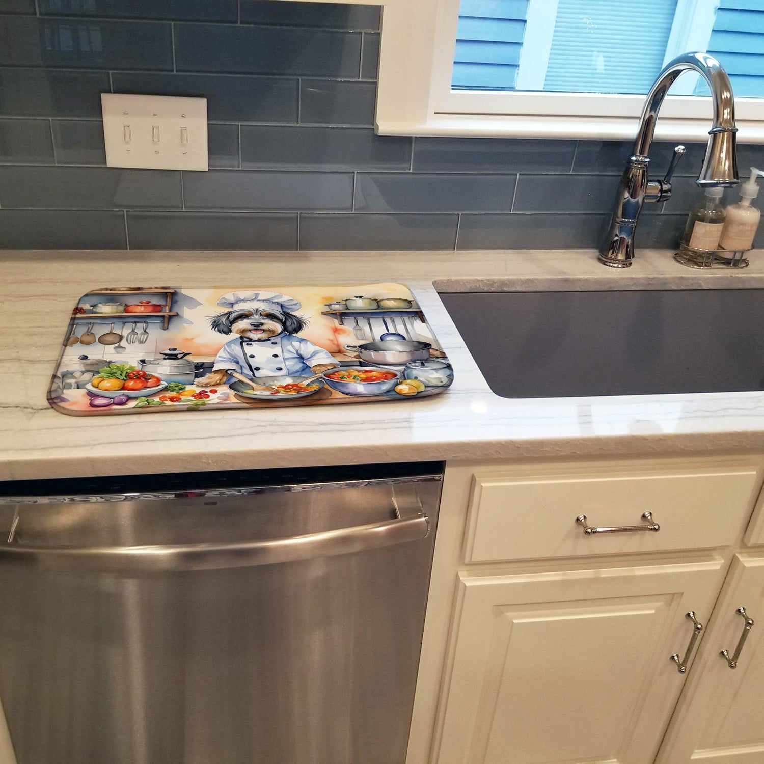 Tibetan Terrier The Chef Dish Drying Mat Absorbent Dish Drying Mat Pad for Kitchen Counter Dish Drainer Mat for Countertop, 14 x 21", Multicolor