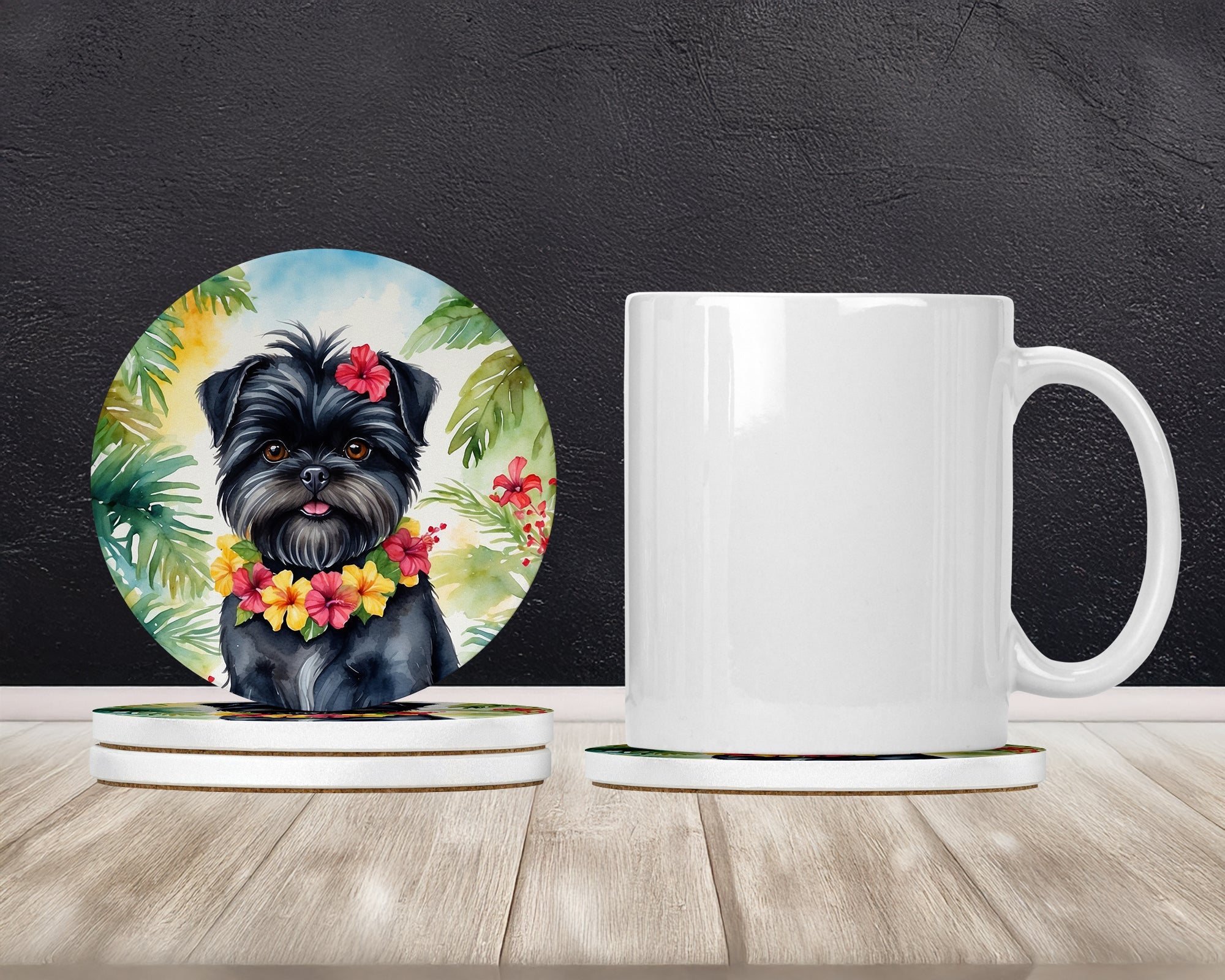 Affenpinscher Luau Large Sandstone Coasters Pack of 4 Absorbent Round Coasters Decor Gifts for Men or Women, 4 in, Multicolor