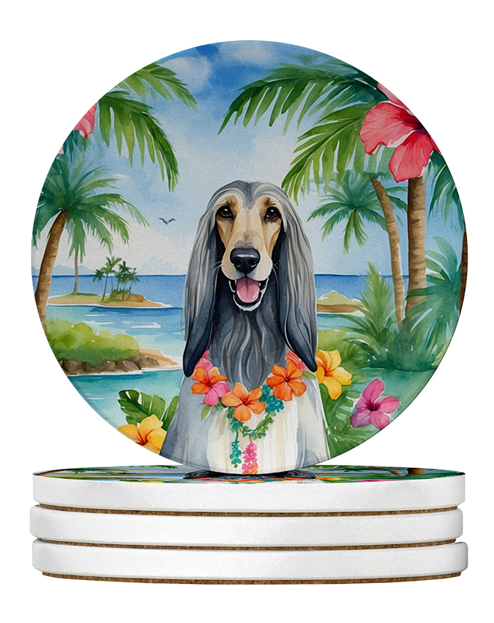 Afghan Hound Luau Large Sandstone Coasters Pack of 4 Absorbent Round Coasters Decor Gifts for Men or Women, 4 in, Multicolor