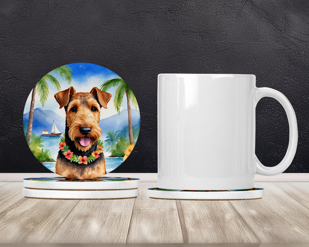 Airedale Terrier Luau Large Sandstone Coasters Pack of 4 Absorbent Round Coasters Decor Gifts for Men or Women, 4 in, Multicolor